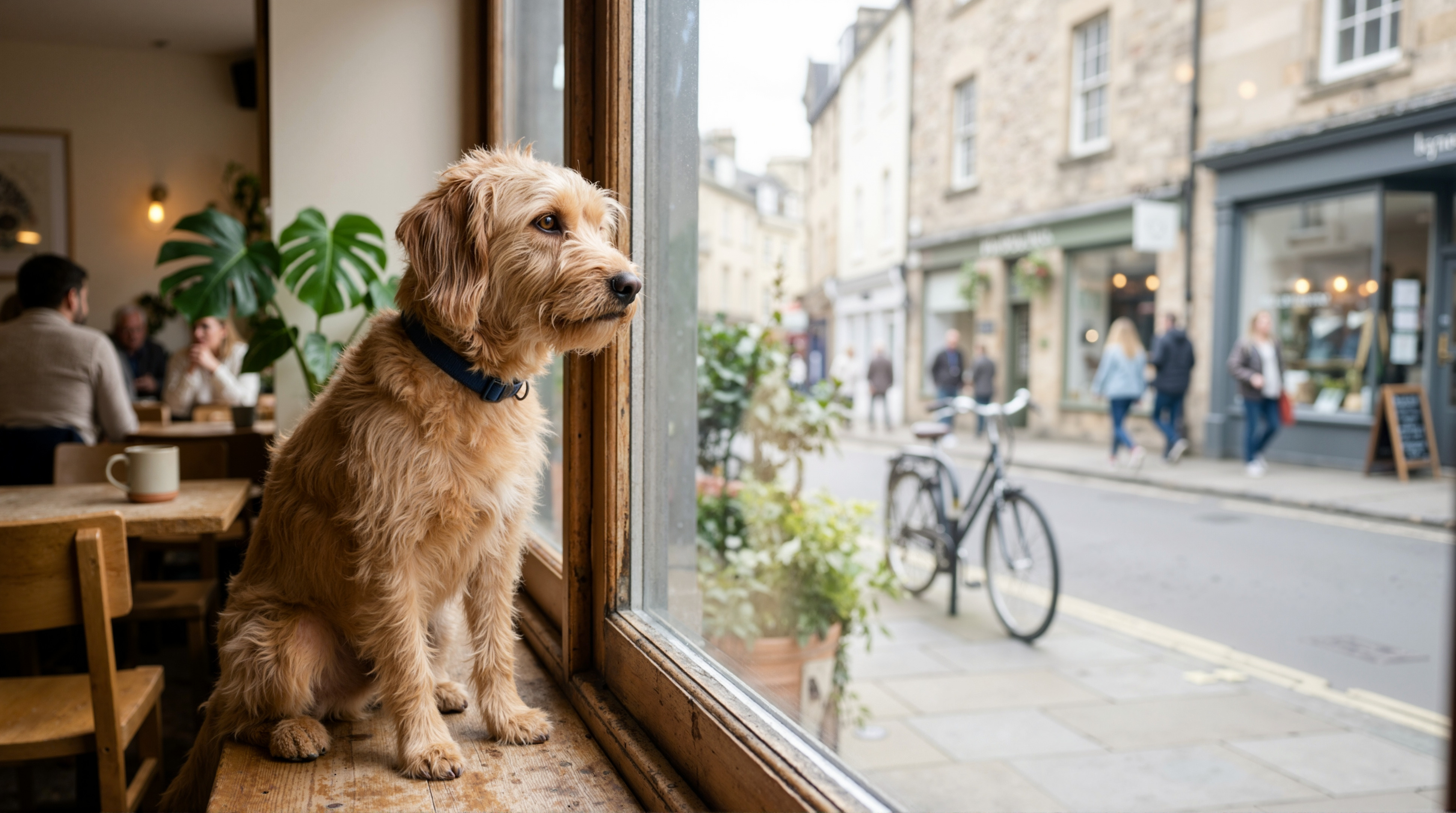 A medium sized dog sits beside the window of a coffee shop and watches passersby outside.