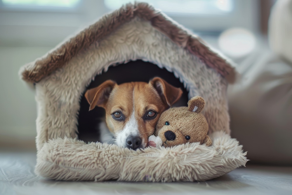 A small dog with a stuffed animal nearby, peers out of its doghouse with an aggressive “keep away” expression. 