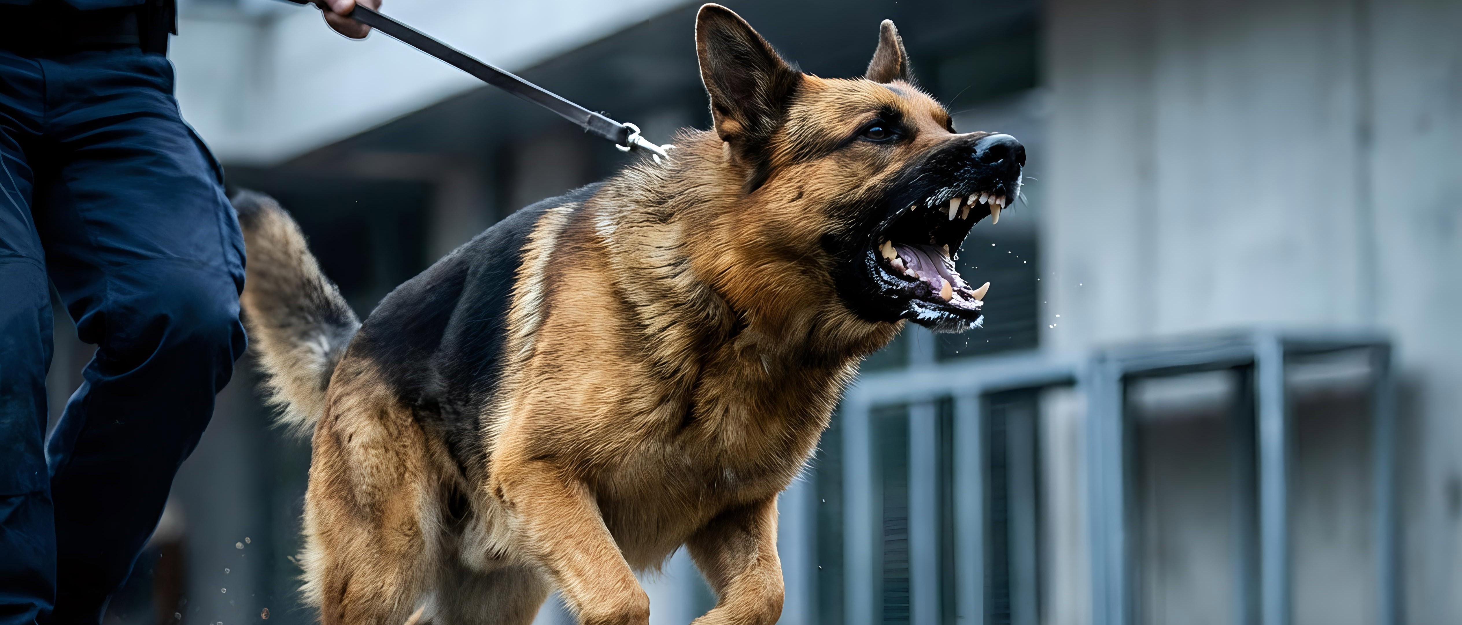 Outside a business building, a German Shepherd Dog lunges front feet off the ground and growling at some unseen thing or person. The hand of a handler holds the leash tight