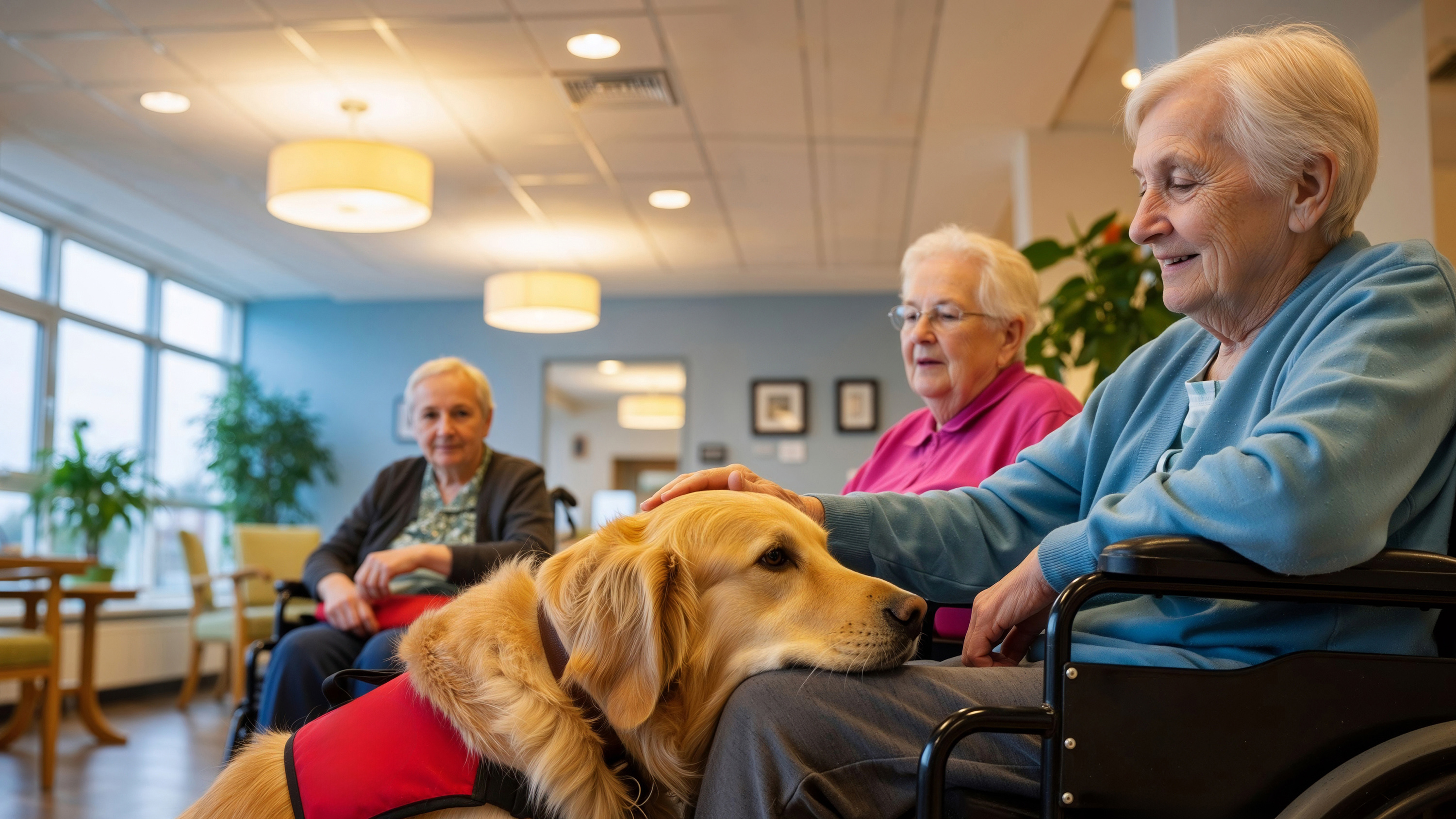Golden retriever sits in front of a senior woman who is petting the dog. Behind her and slightly out of focus are two other seniors as if they were members of the senior living center.