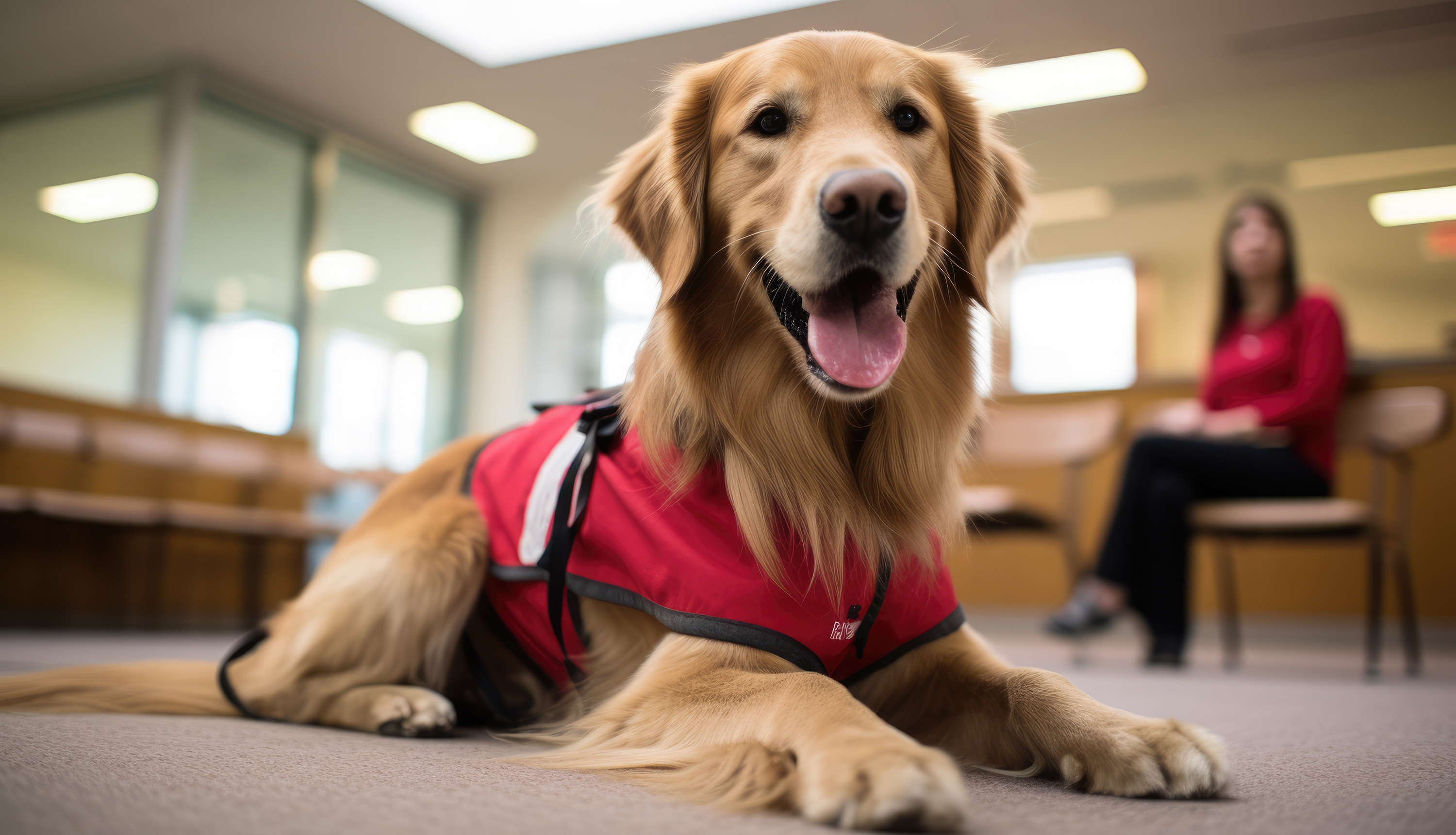 Close-up of golden retriever, wearing a therapy dog vest sits looking toward the camera. In the background is a woman seated watching the dog.