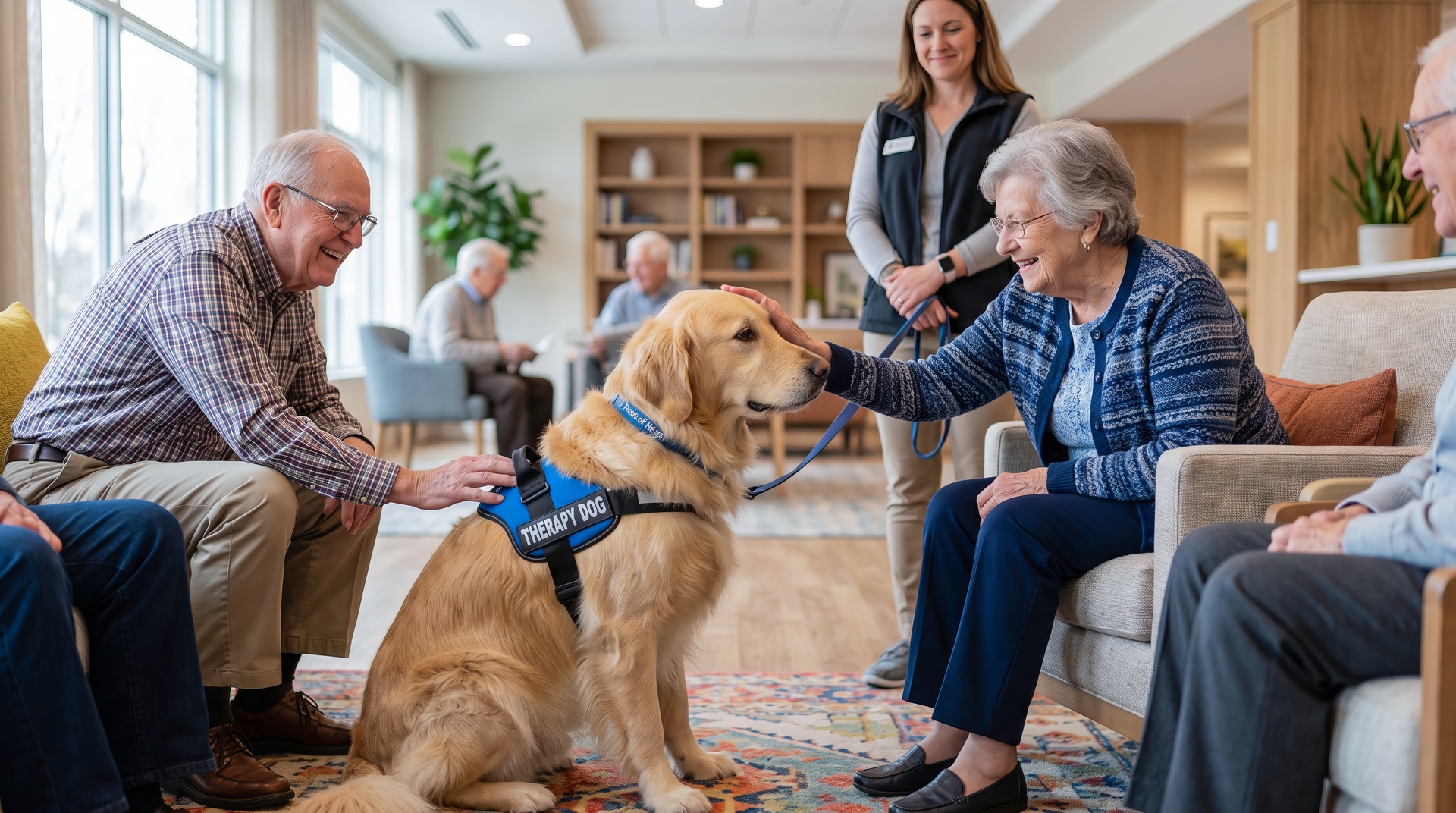 The scene is the public space of a senior citizens group home. Golden Retriever therapy dog sits as woman on the right pets the dog’s head and a man on the left pets the dog’s back. The handler stands beside the woman.