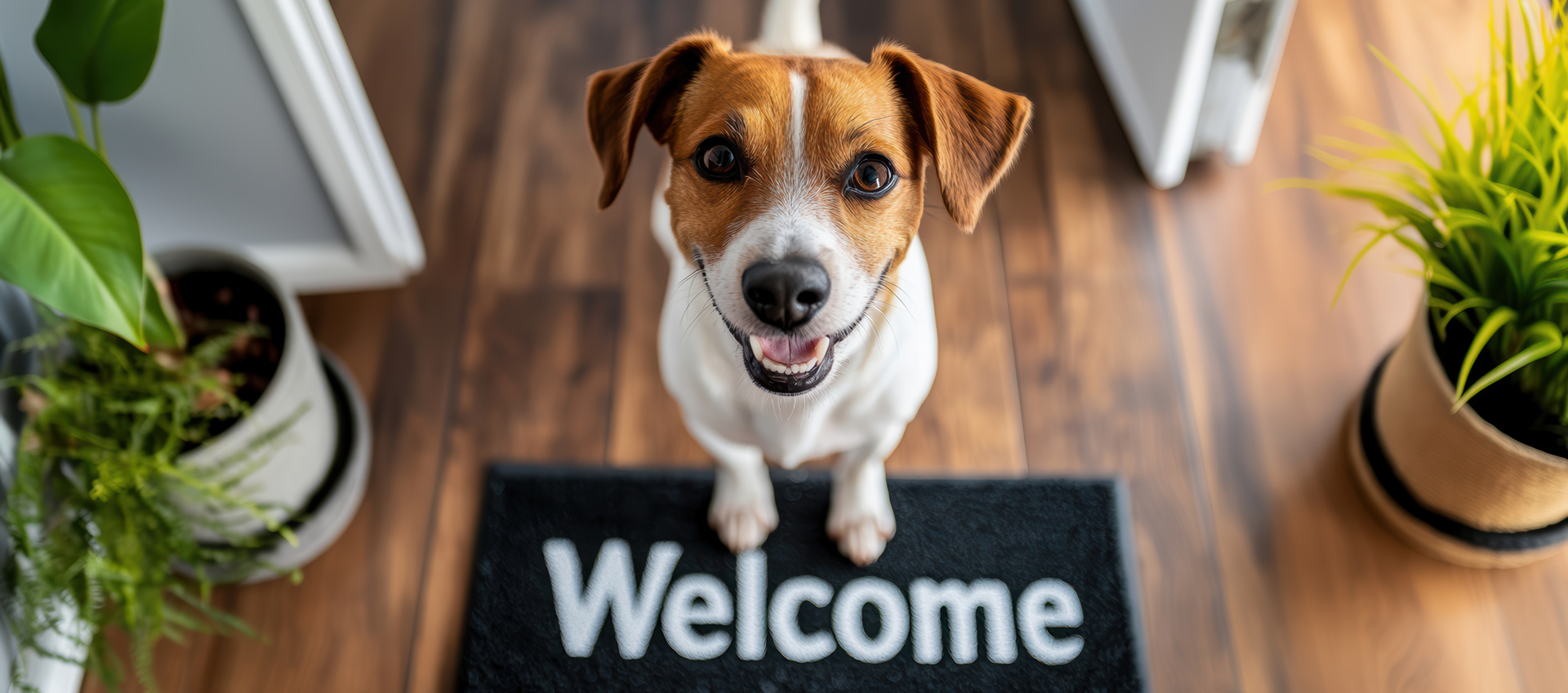 A puppy sits with its front feet on a doormat that says welcome. The Matt appears to be in the front door area of a home.