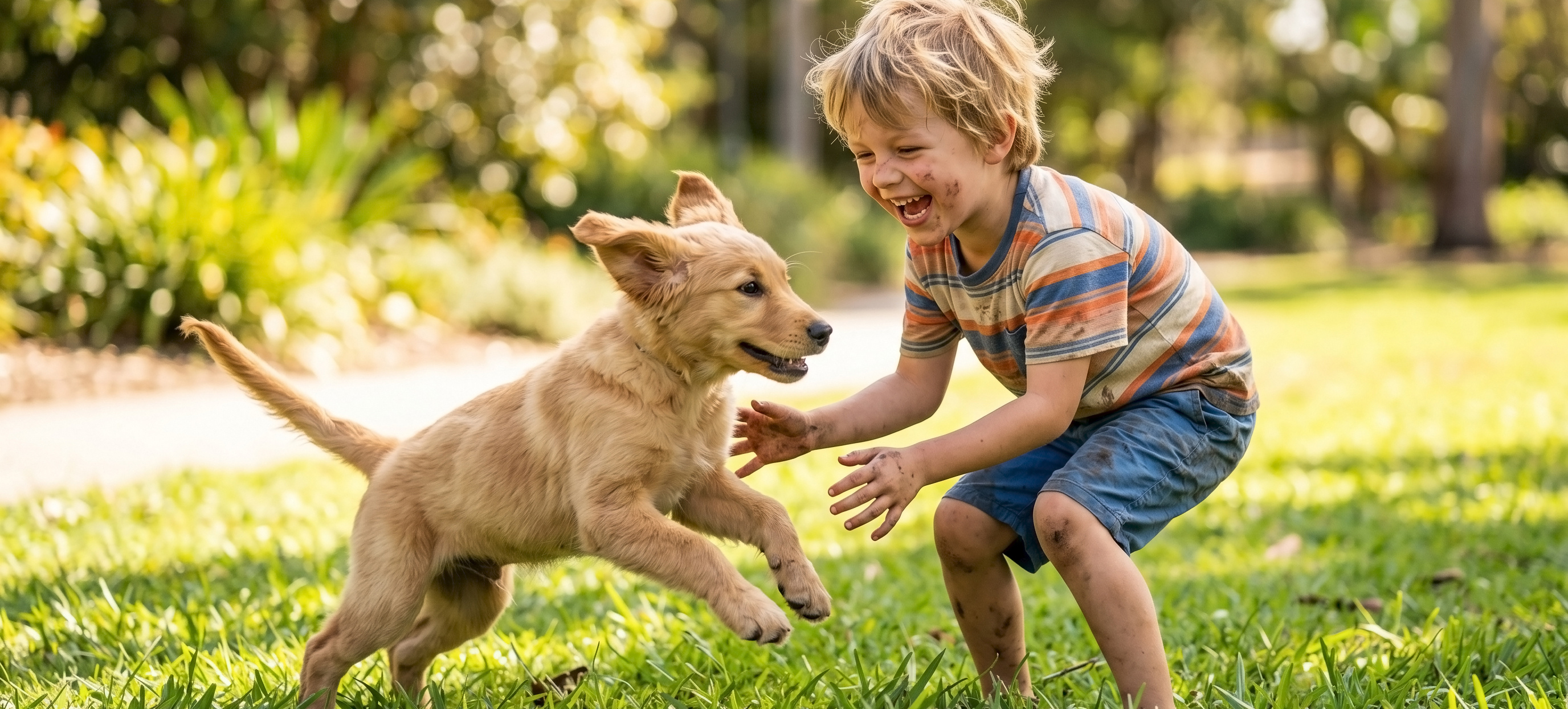 A primary school age boy is playing with his puppy in the yard. The puppy is jumping toward the boy as a part of the play.