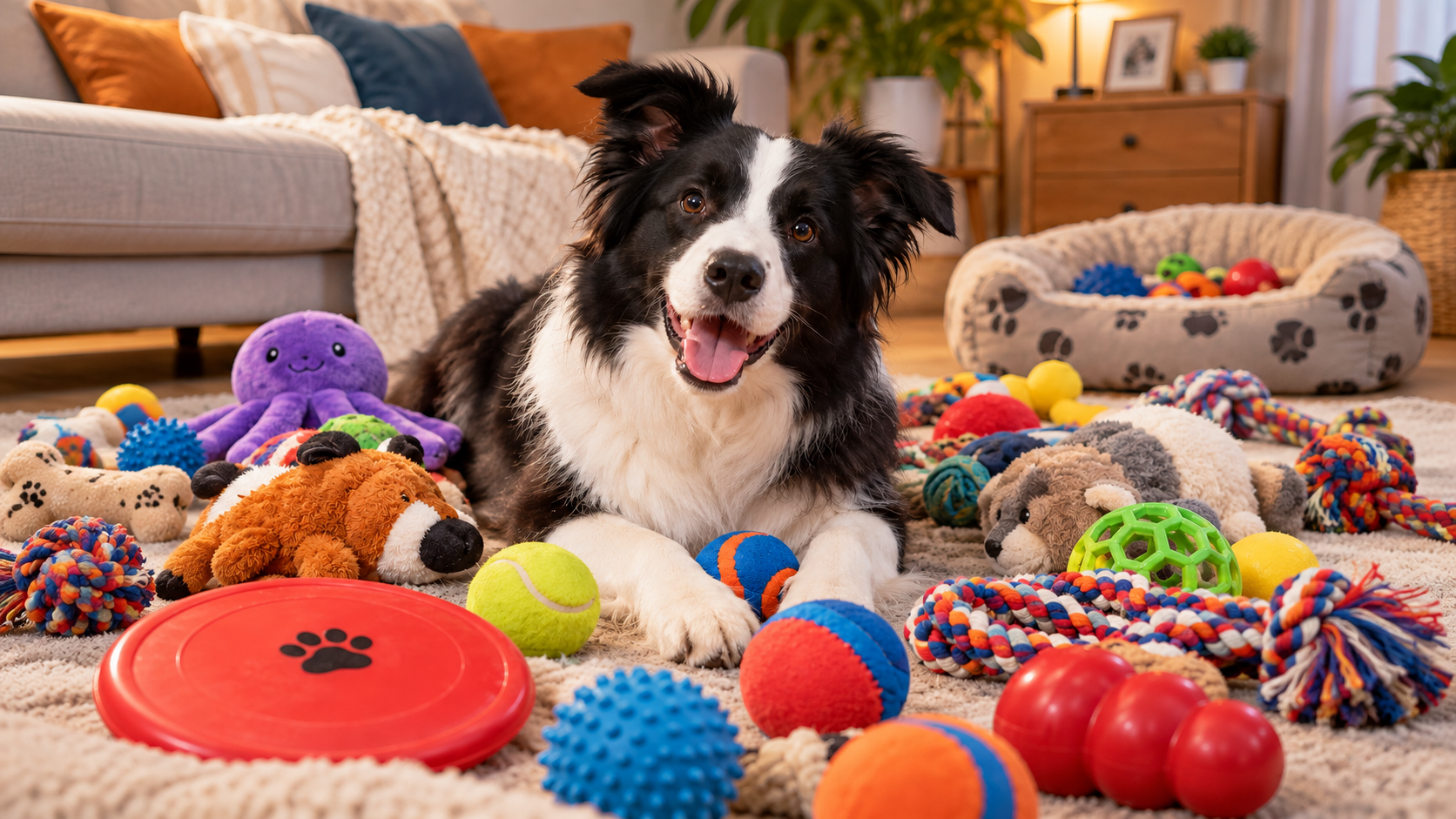 border collie surrounded by toys