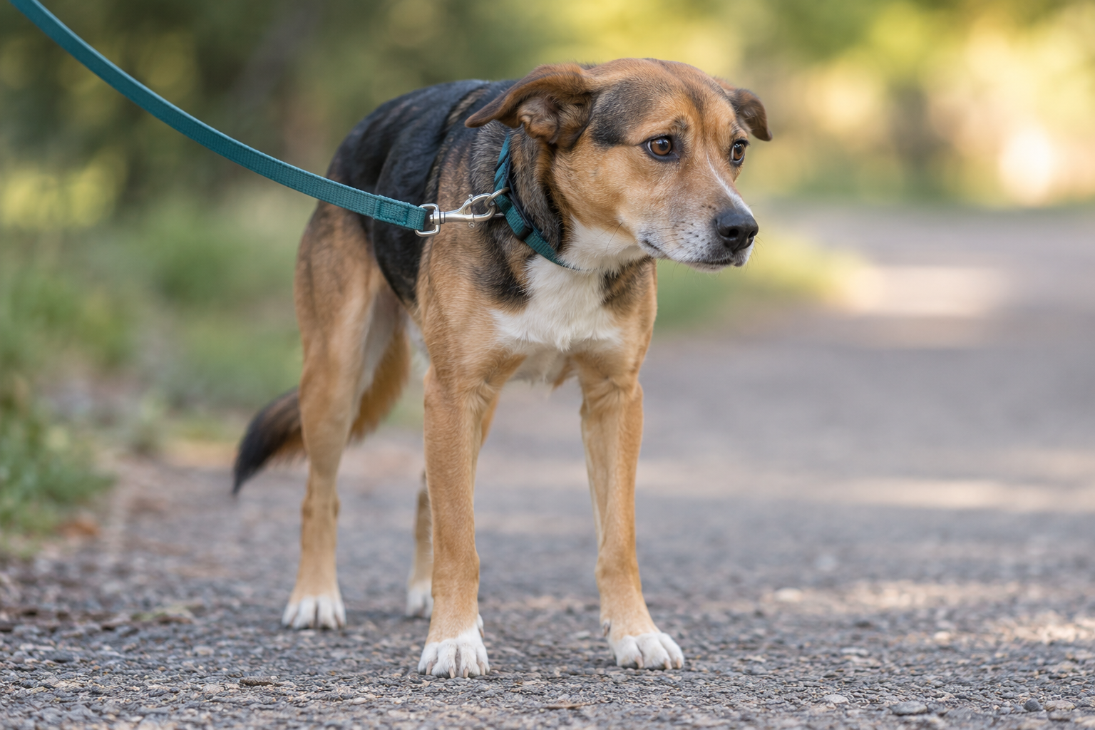 dog ears back uncertain leash