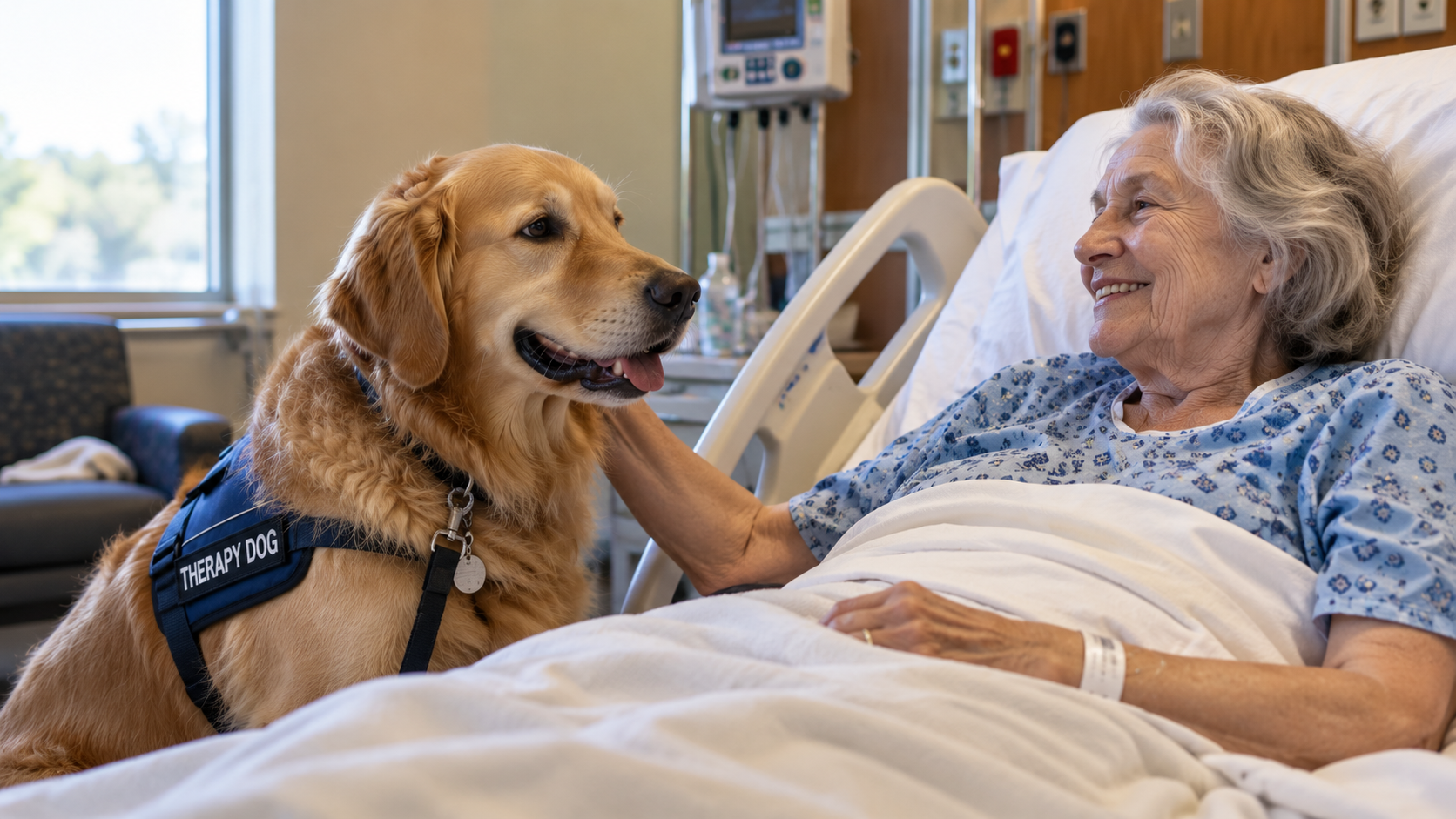golden retriever therapy dog beside an elderly woman in a hospital bed