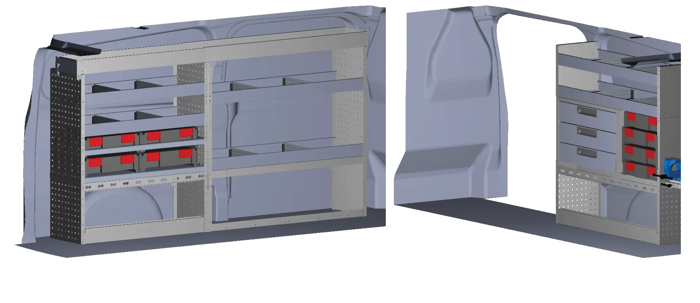 3D-Modell eines Fahrzeuginnenraums mit zwei modularen Regalsystemen, einschließlich Schubladen und roten Aufbewahrungsboxen.