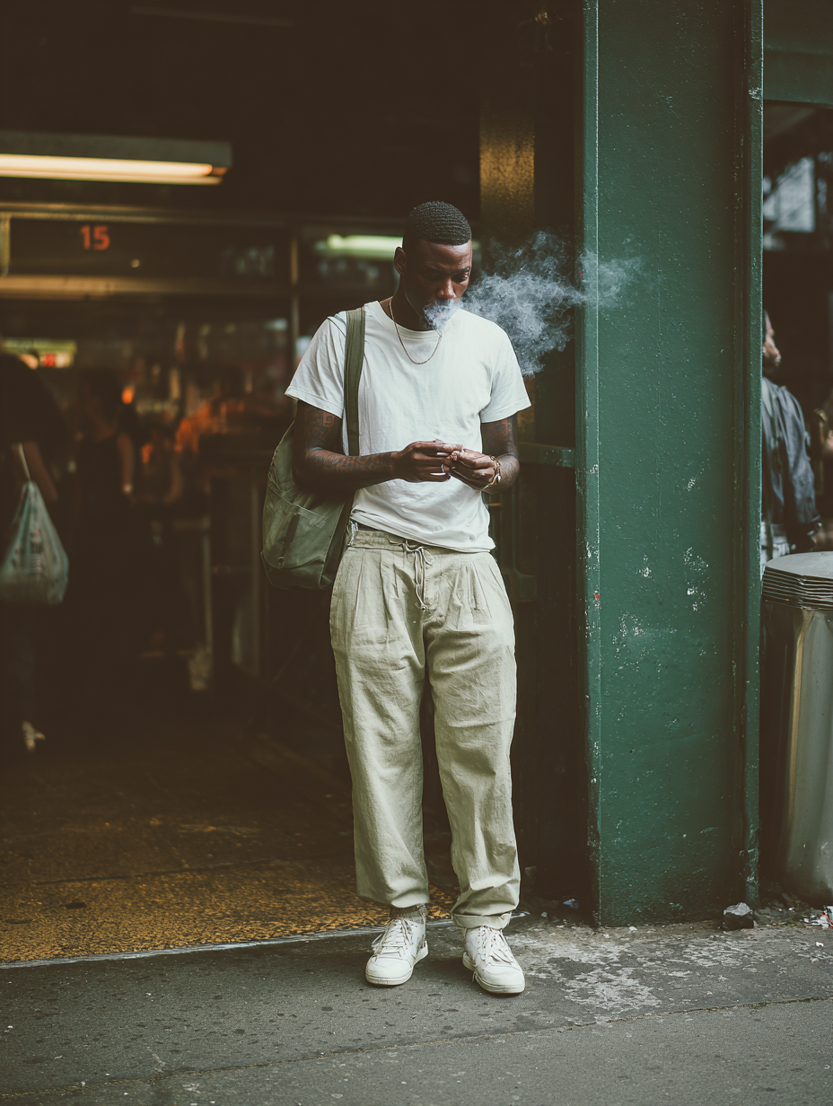 Young man smoking cannabis at subway entrance