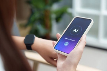Woman holding a phone while talking to AI