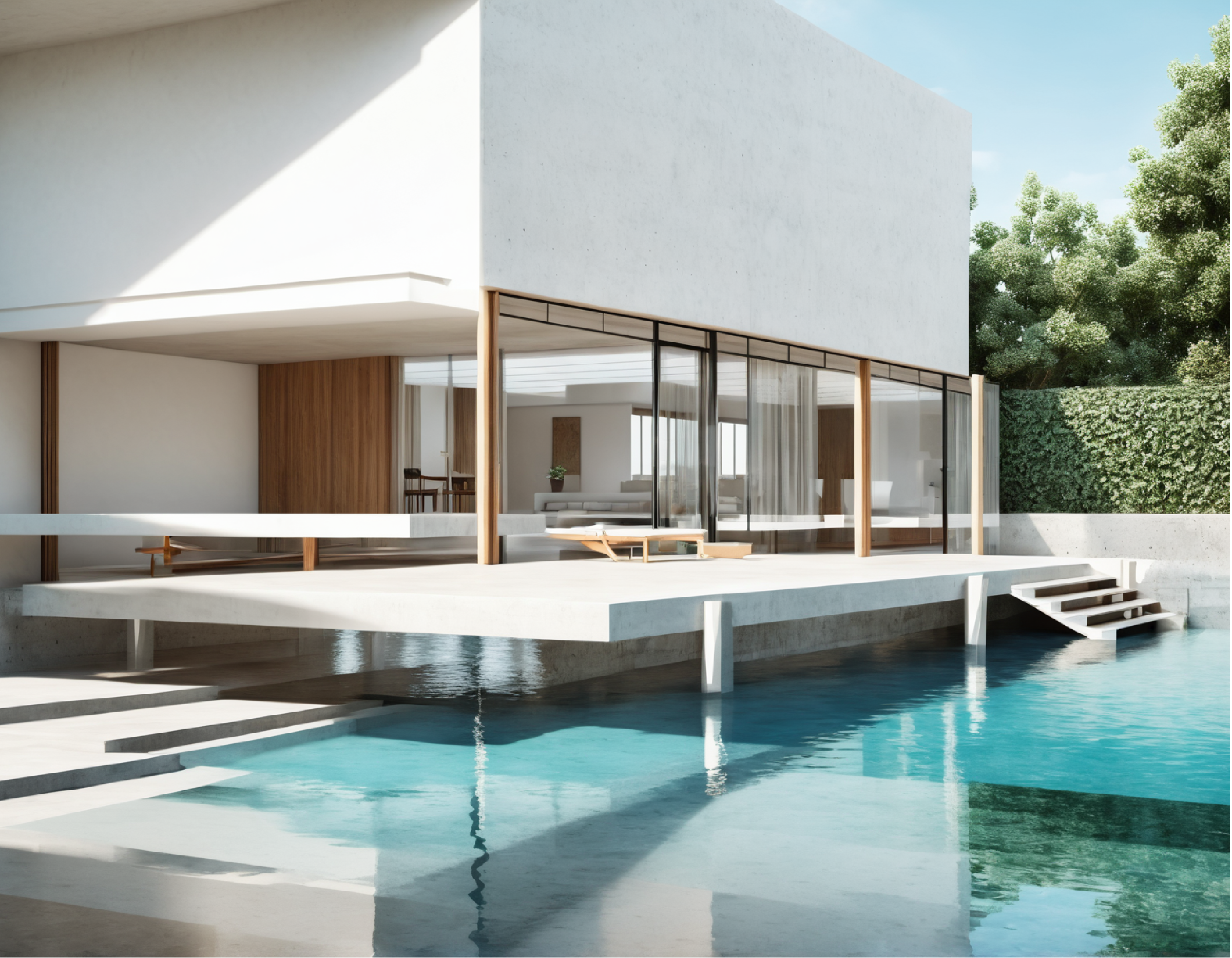 Exterior perspective of a modern, minimal open-plan villa within a site plan, showing architecture and surrounding landscape.