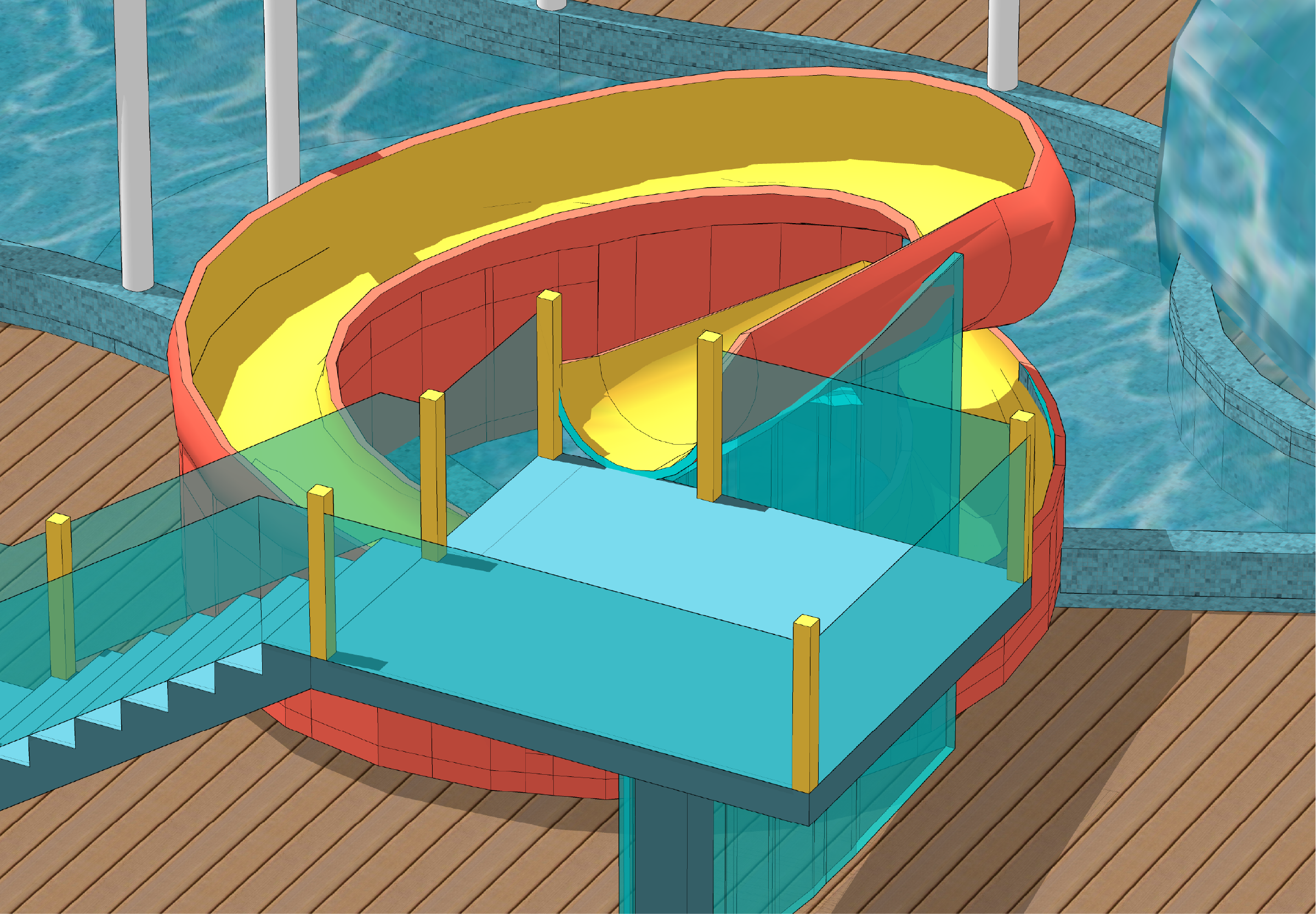 Bird’s-eye view of the water park’s second floor, where guests can begin sliding down water slides, with visible slide entrances and platforms.
