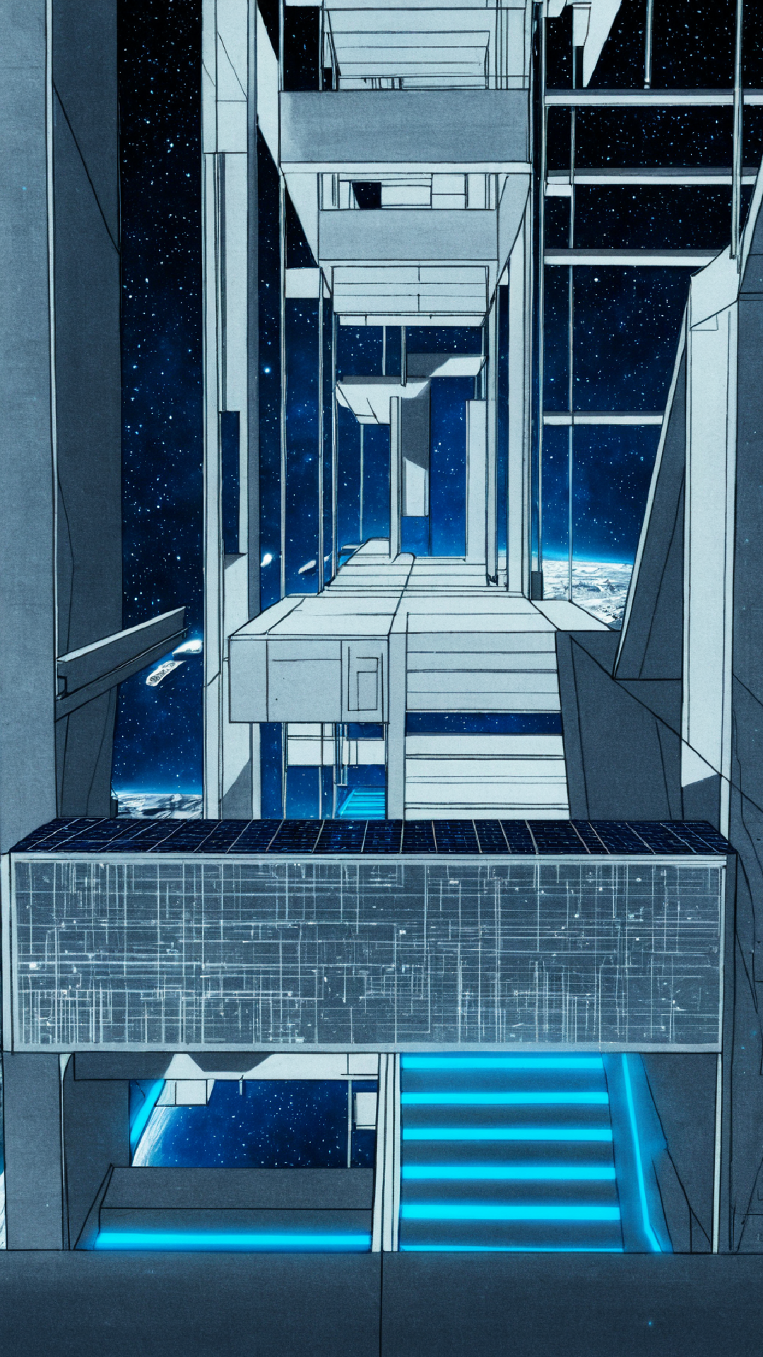 Stairs and vertical connections inside the Interstellar Space Station, showing futuristic design and structural layout.