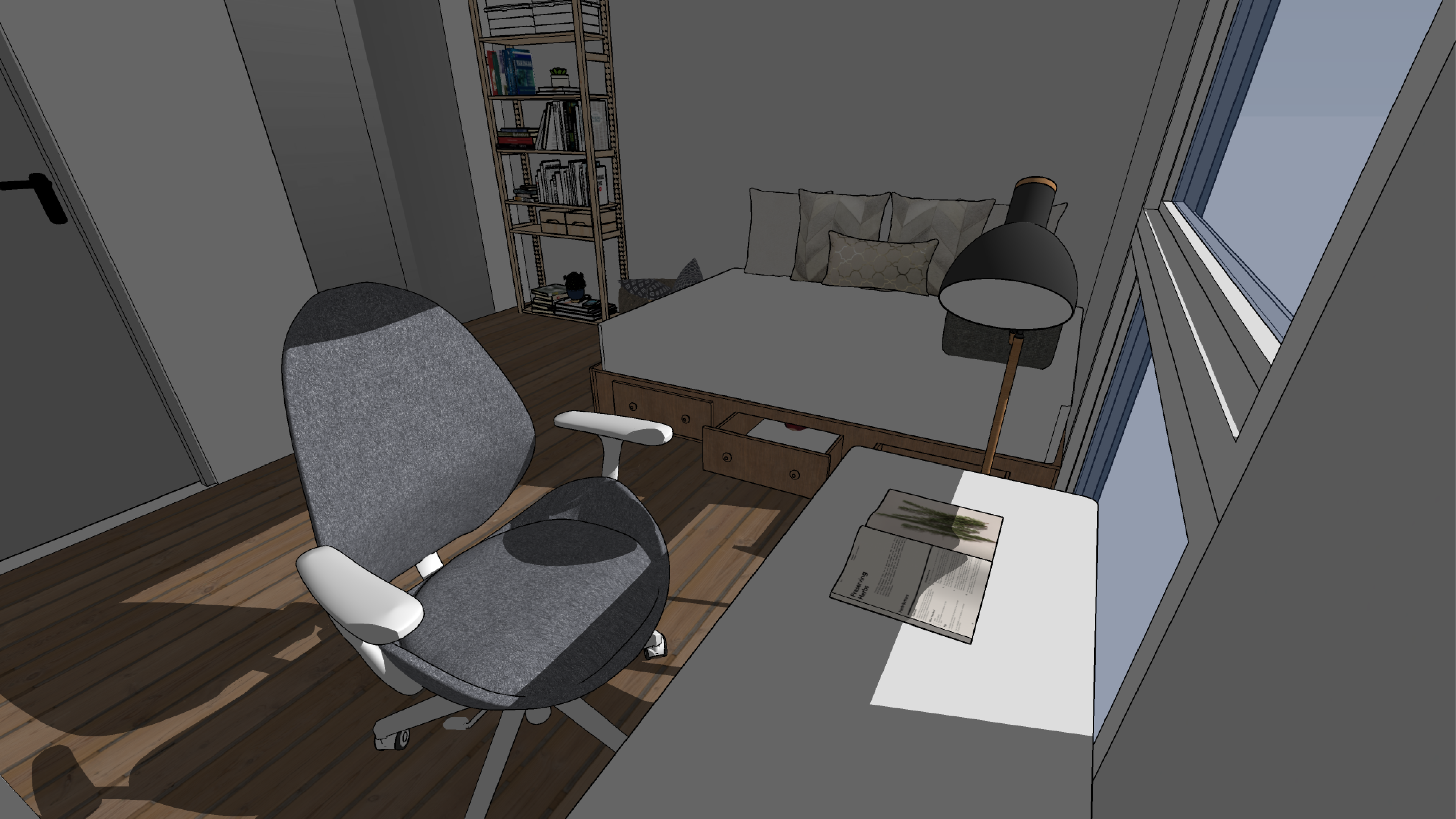 Perspective view of a simple, minimalist room.