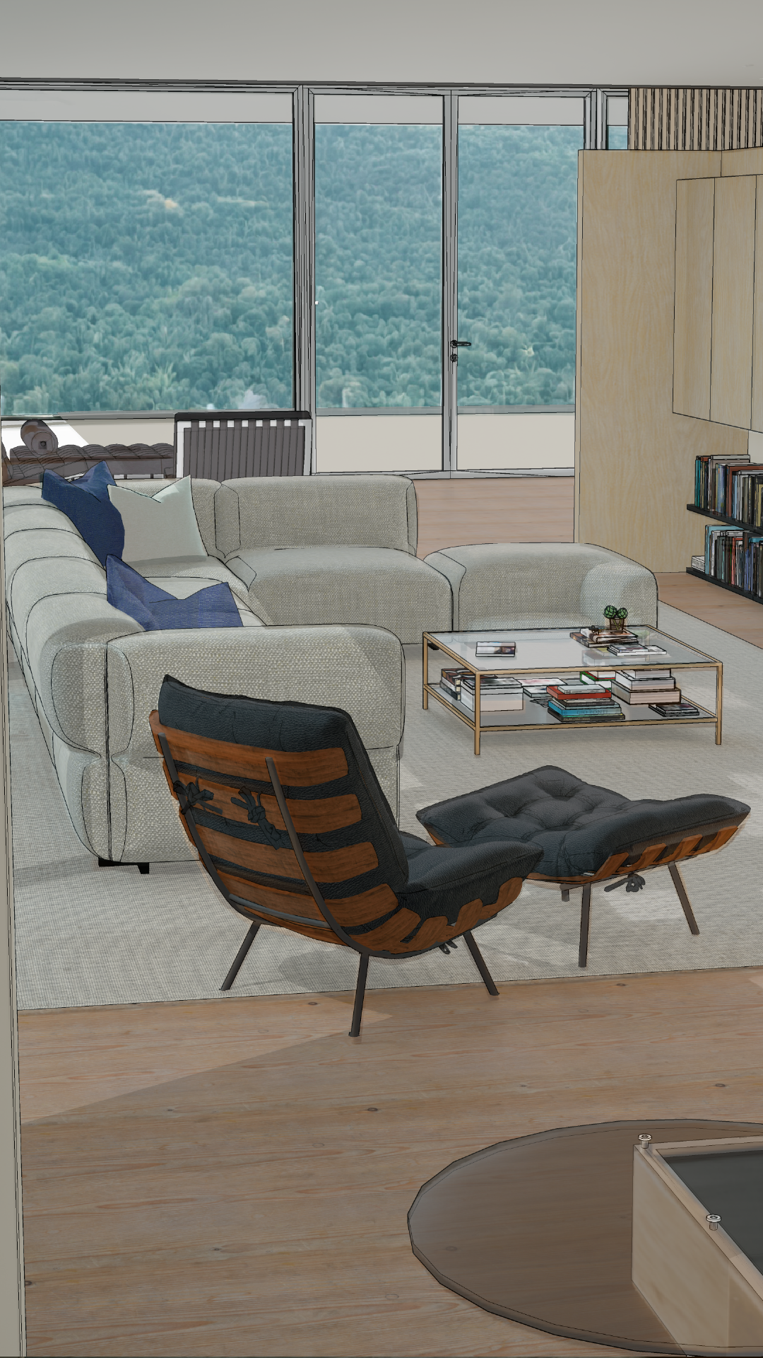 Interior view of a modern open-plan villa, showing spacious layout, furnishings, and contemporary design.