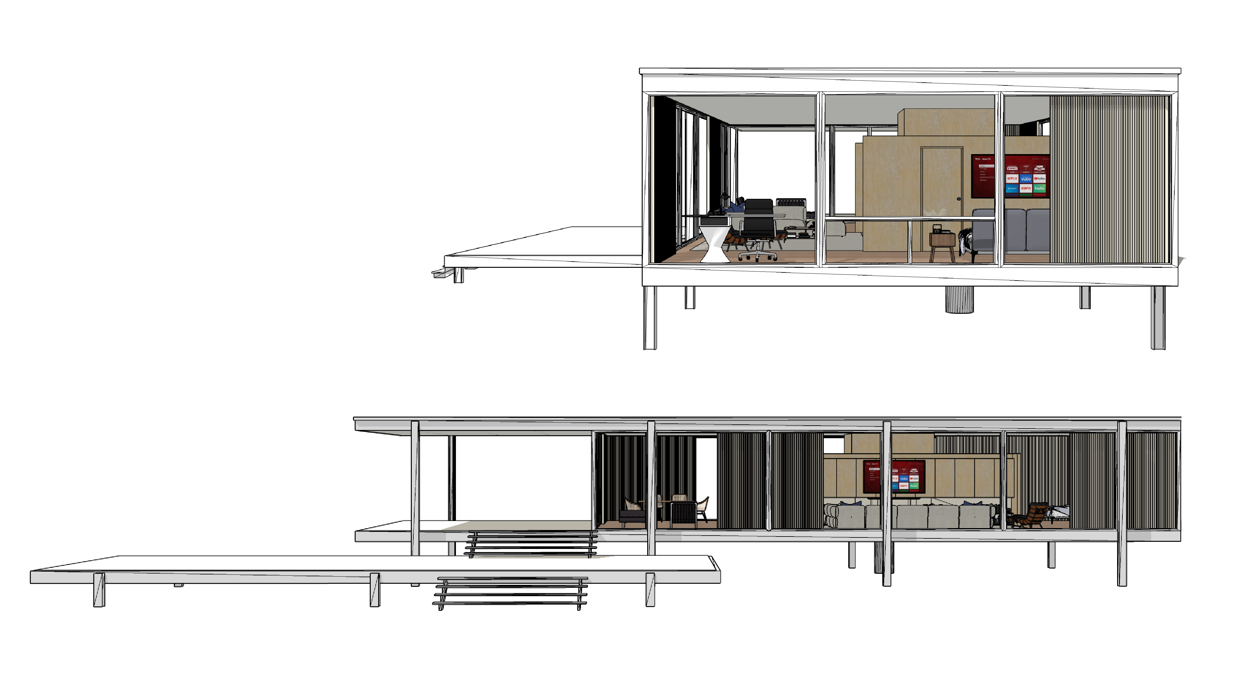 Right-side view of the modern villa on top, with north-facing view of the villa at the bottom.