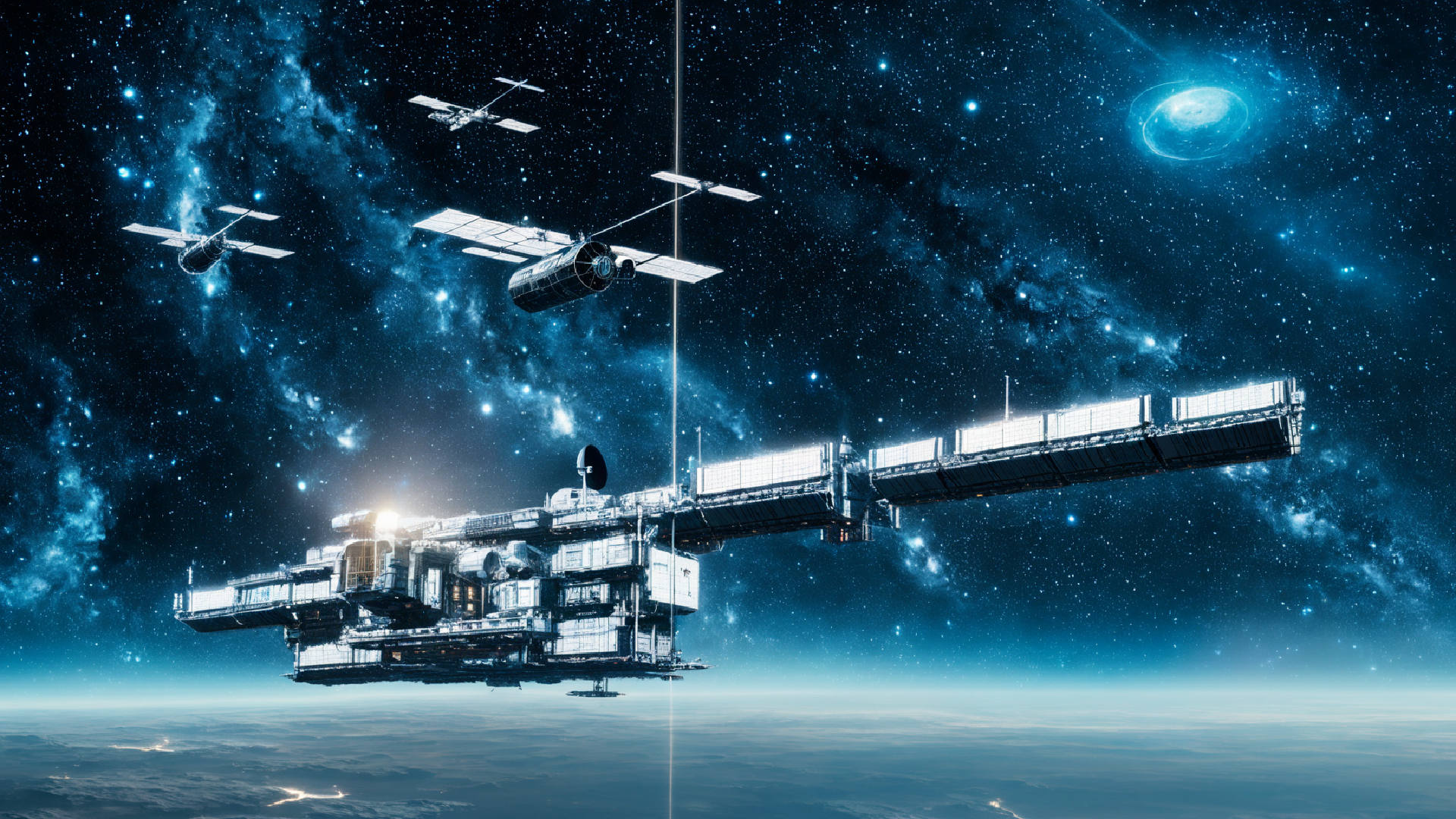 Interstellar Space Station surrounded by satellites, showcasing its futuristic architecture in space.