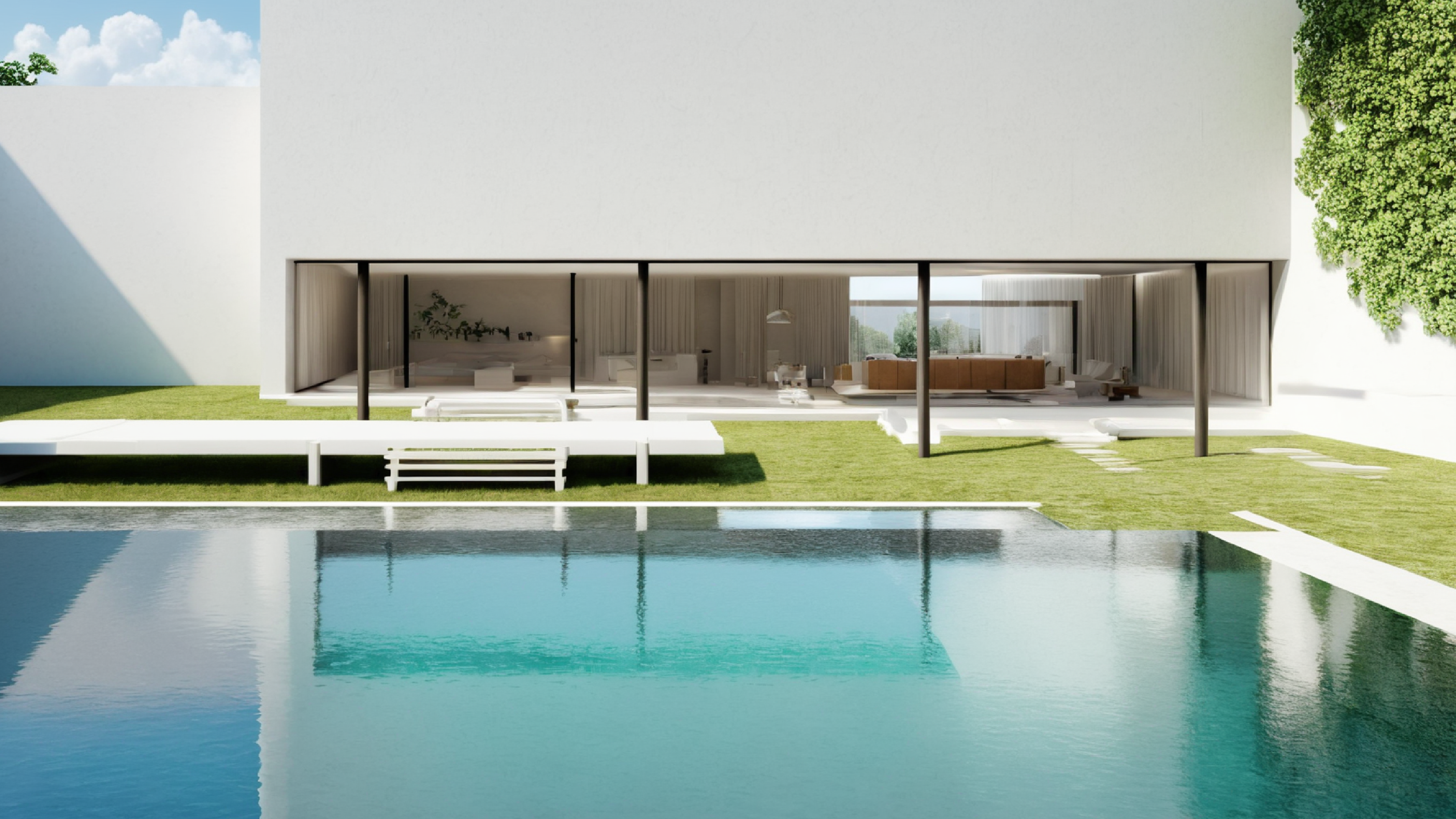 Exterior view of a modern open-plan villa, highlighting architecture and surrounding landscape.