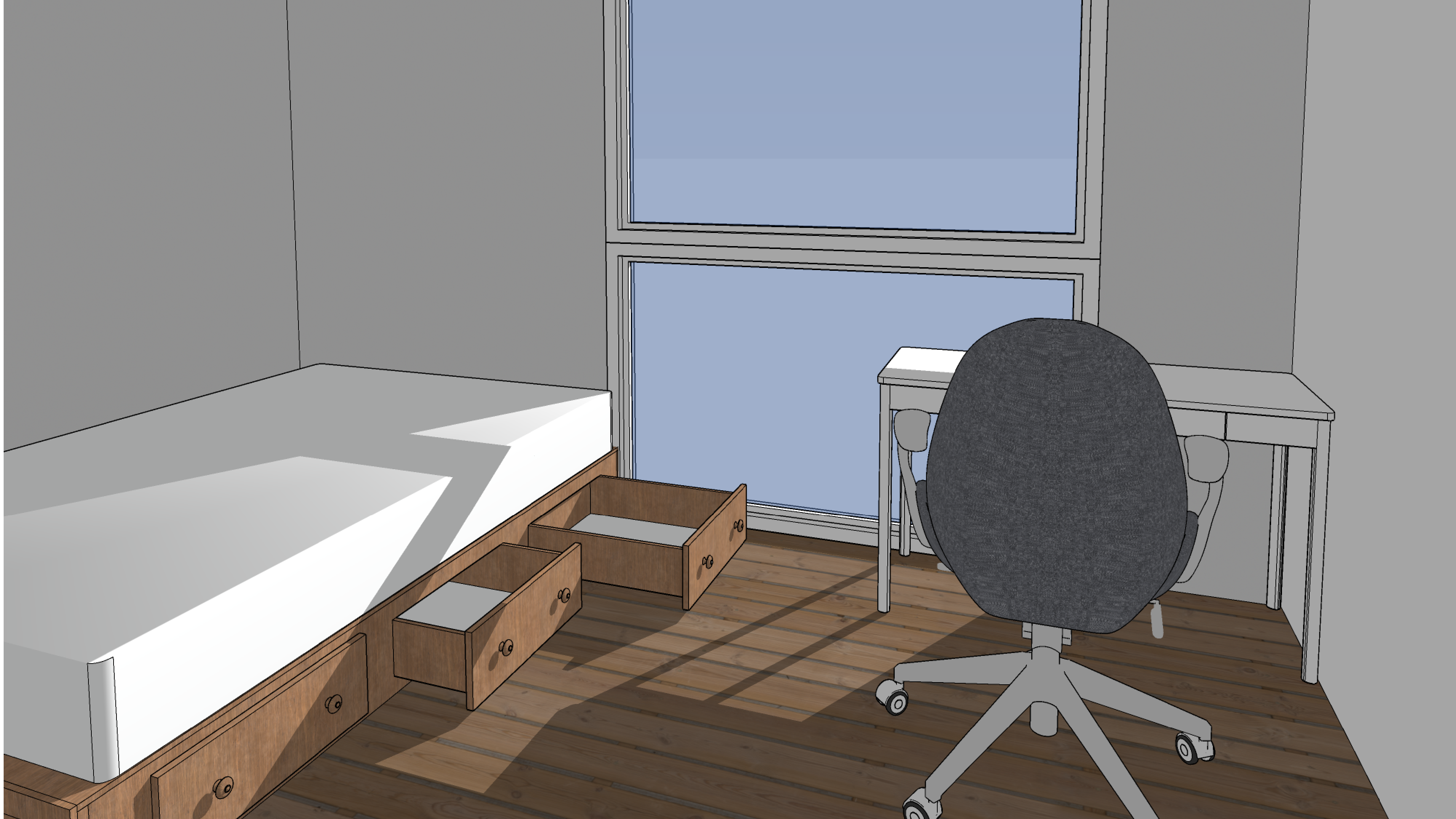 Perspective view of the minimalist room looking out the window to the outside.