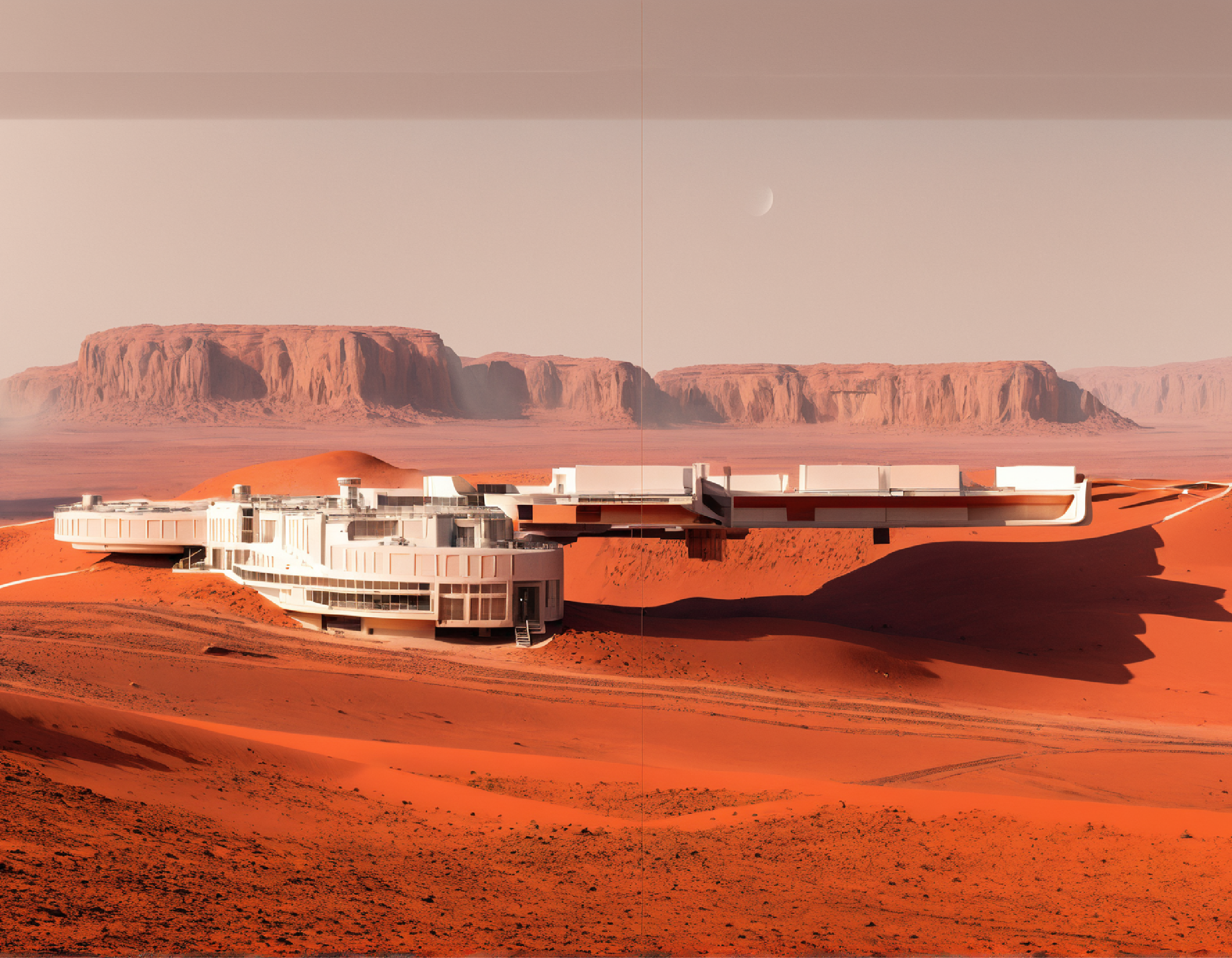 Perspective view of the Martian Desert Outpost on hills, resembling a Mars-like desert landscape.