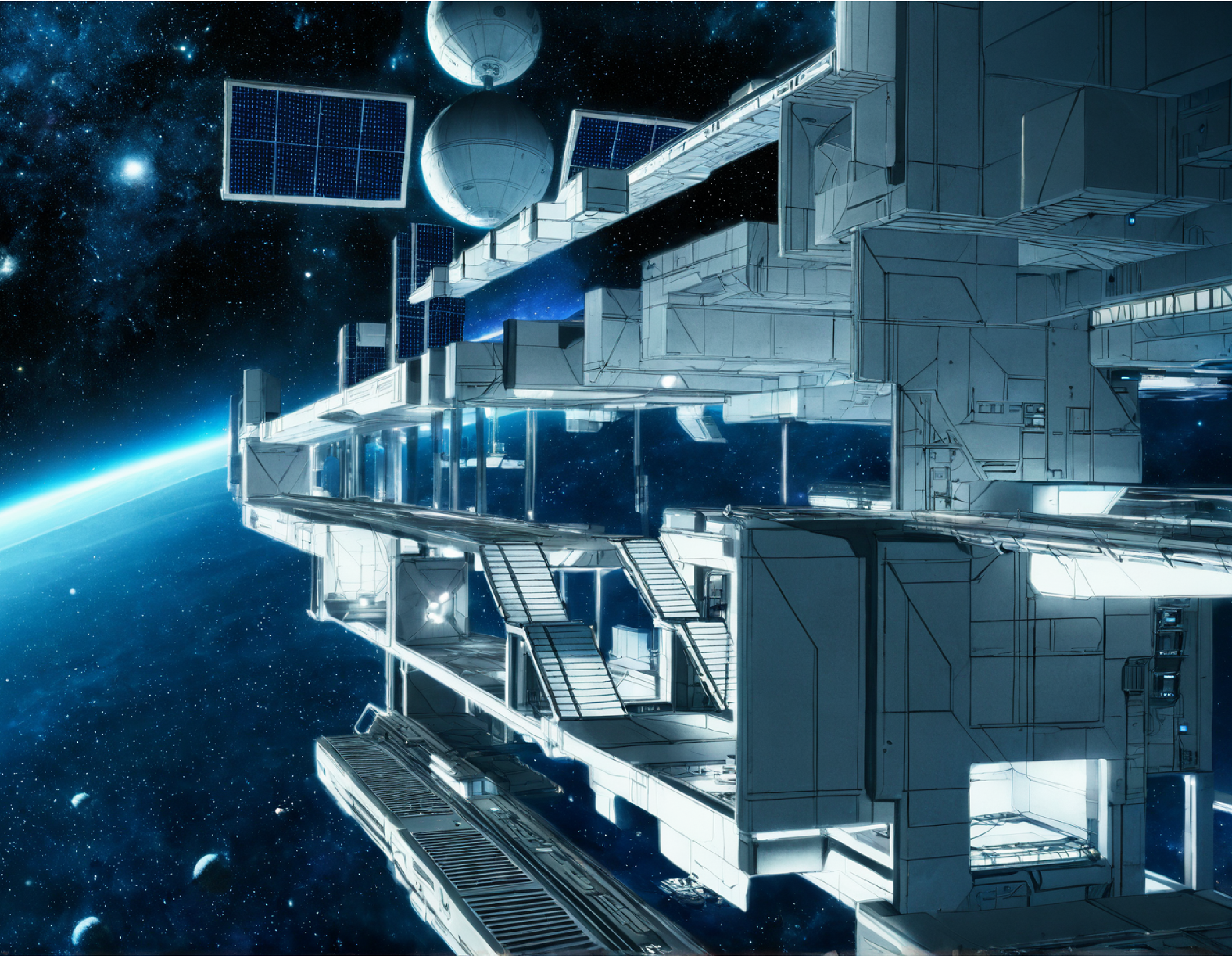 Exterior view of the Interstellar Space Station in space, featuring a Star Wars-inspired design with futuristic architecture. 
