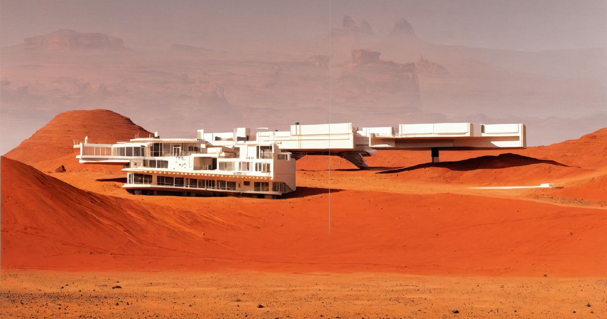 Wide-angle view of a Martian desert landscape.