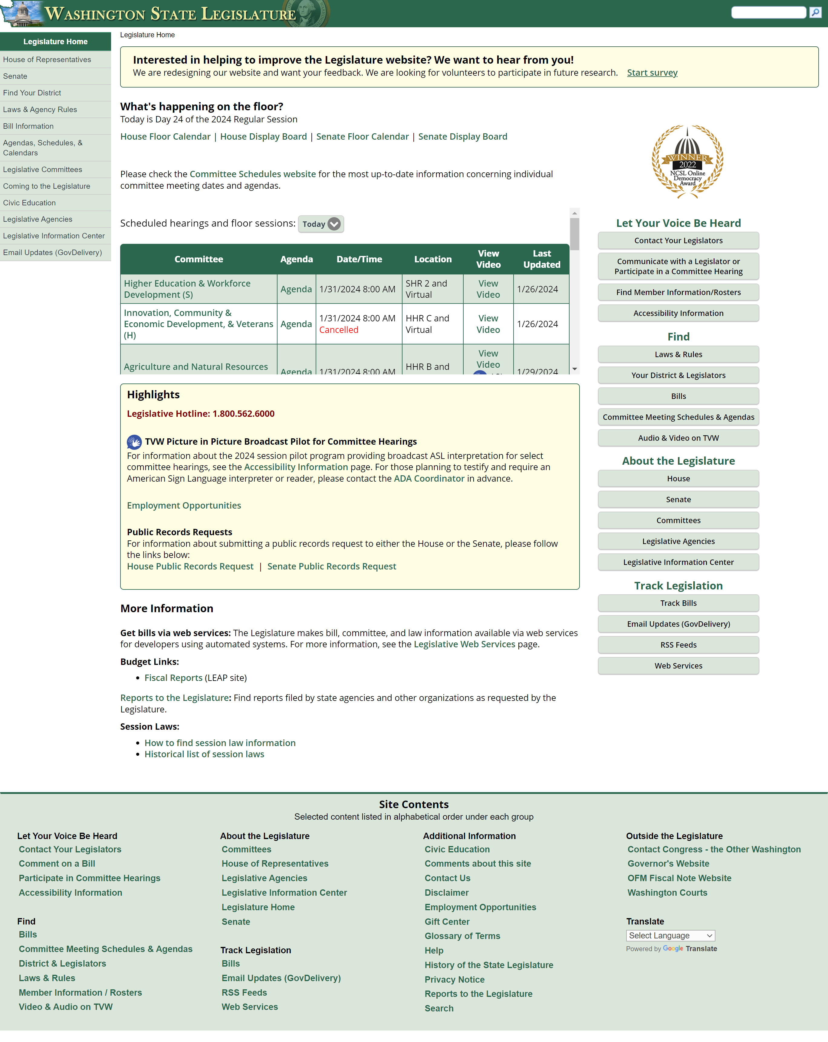 Washington State Legislature website homepage showing navigation menu, committee hearing schedules, public notices, and legislative resources.