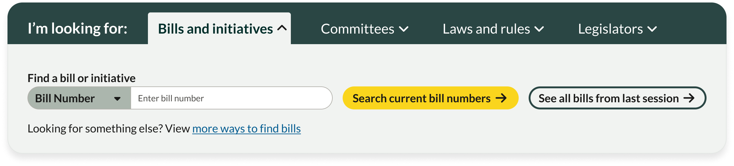 Search interface with dropdowns for Bills and initiatives, Committees, Laws and rules, Legislators, input for bill number, and buttons to search current bill numbers or see all bills from last session.