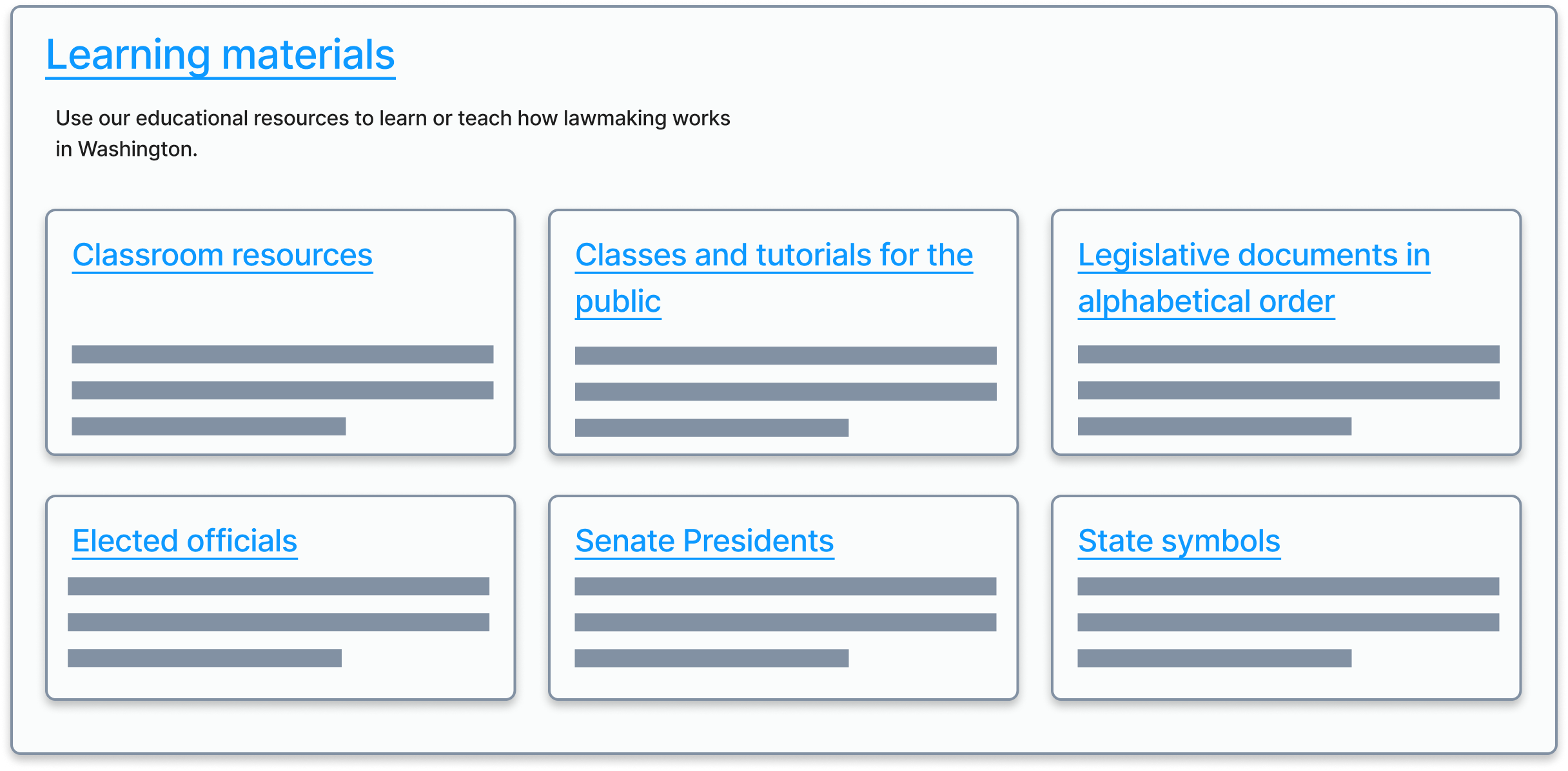 Educational resources section with links for Classroom resources, Classes and tutorials for the public, Legislative documents in alphabetical order, Elected officials, Senate Presidents, and State symbols.