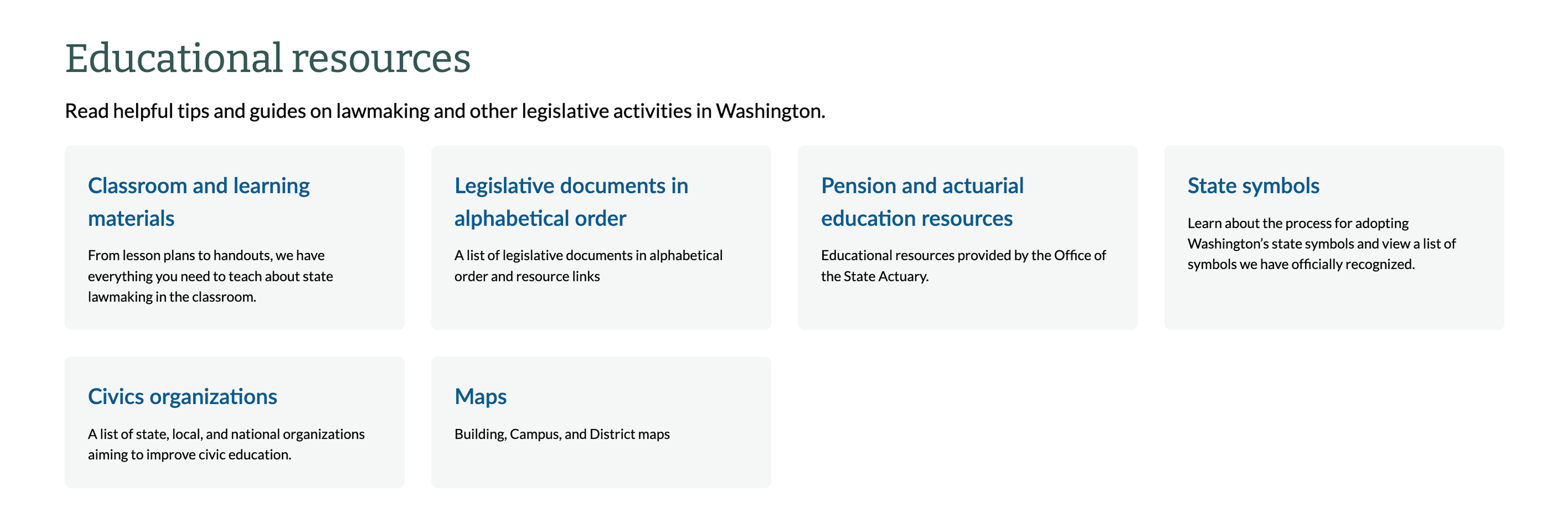 Educational resources section with categories including classroom materials, legislative documents, pension resources, state symbols, civic organizations, and maps for Washington state.