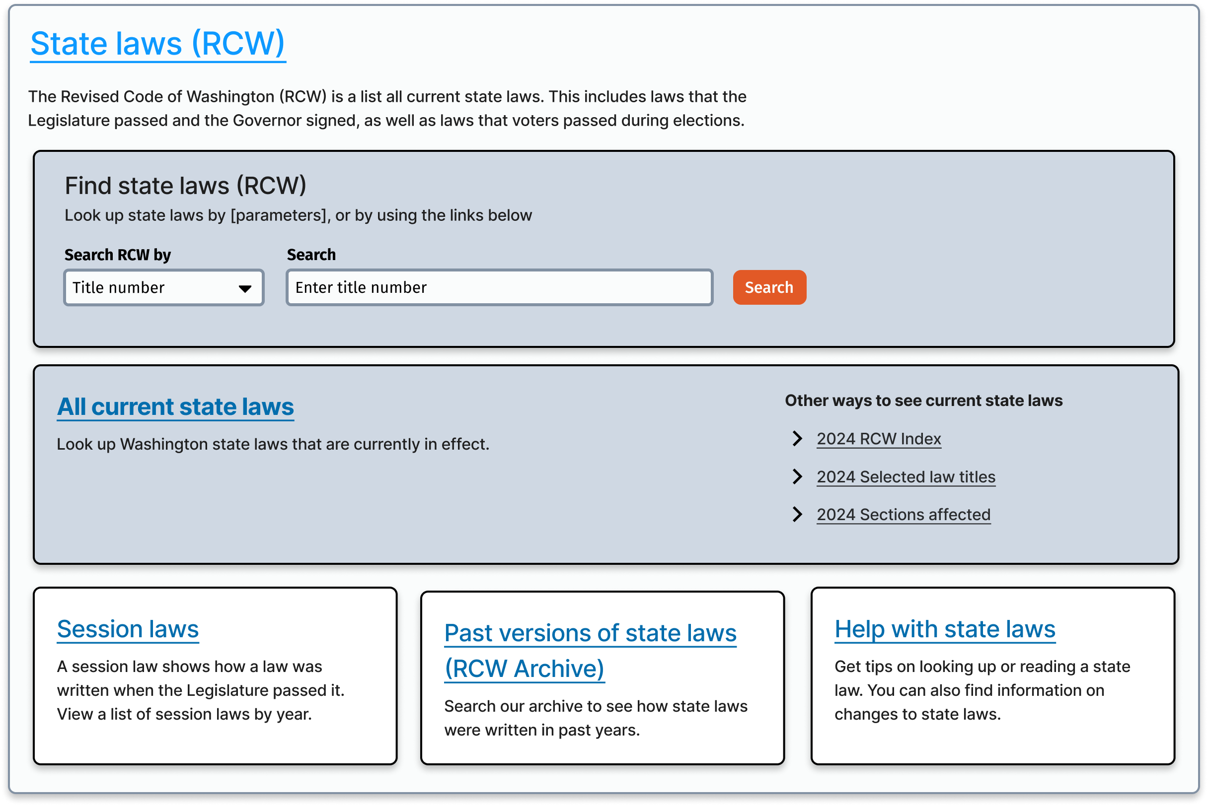 Webpage section for Washington State laws (RCW) with search options by title number, links to current laws, session laws, past laws archive, and help with state laws.