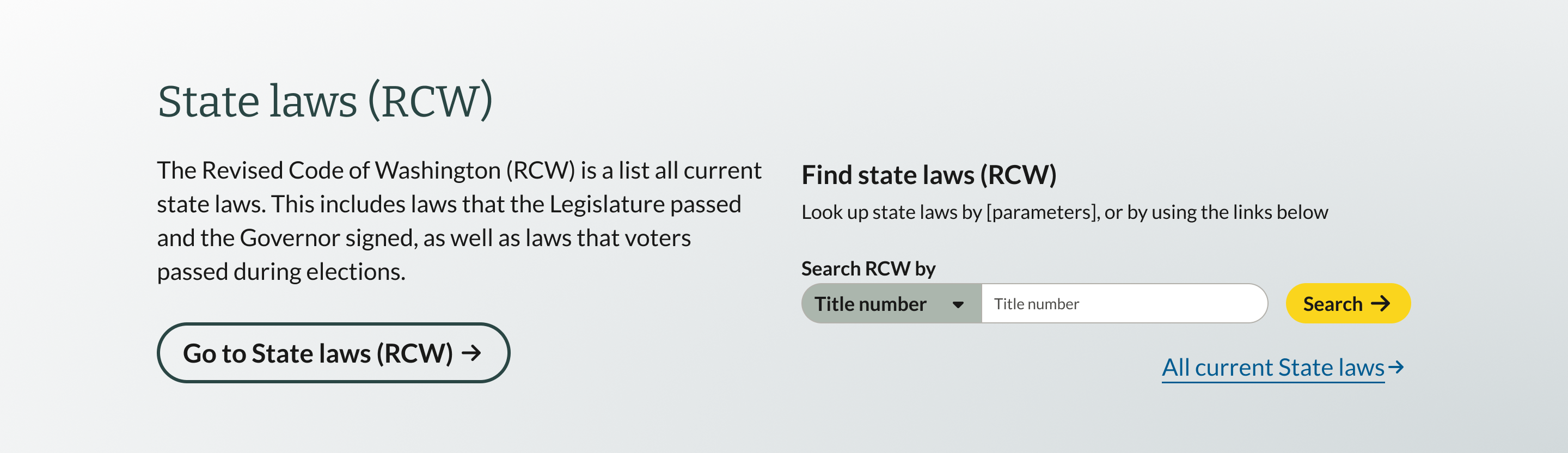 Webpage section titled State laws (RCW) with description about Washington state laws, a button labeled Go to State laws (RCW), a search form for RCW by title number with a search button, and a link to All current State laws.