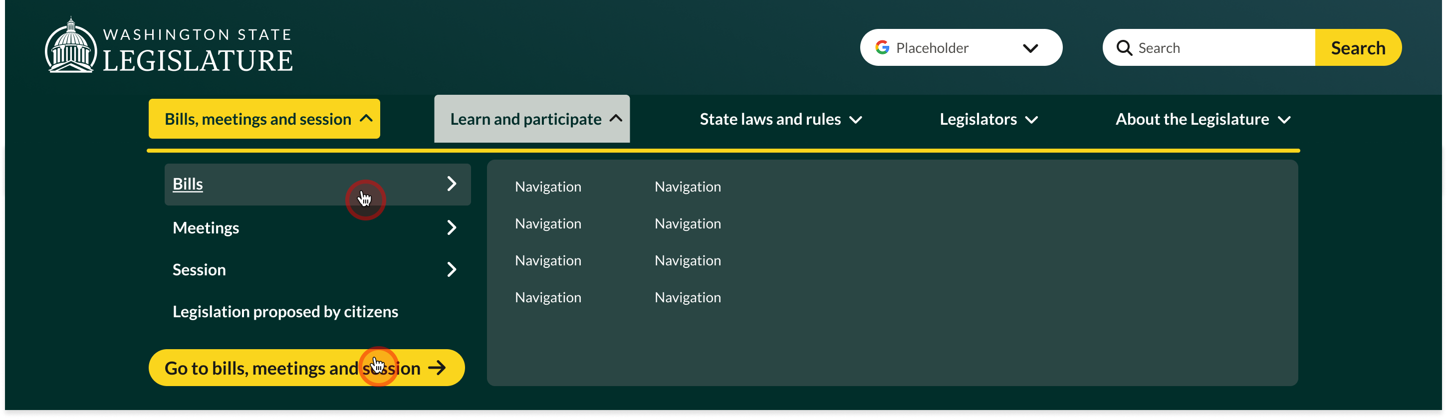 Washington State Legislature website navigation menu with expanded 'Bills, meetings and session' dropdown showing links for Bills, Meetings, Session, and Legislation proposed by citizens.