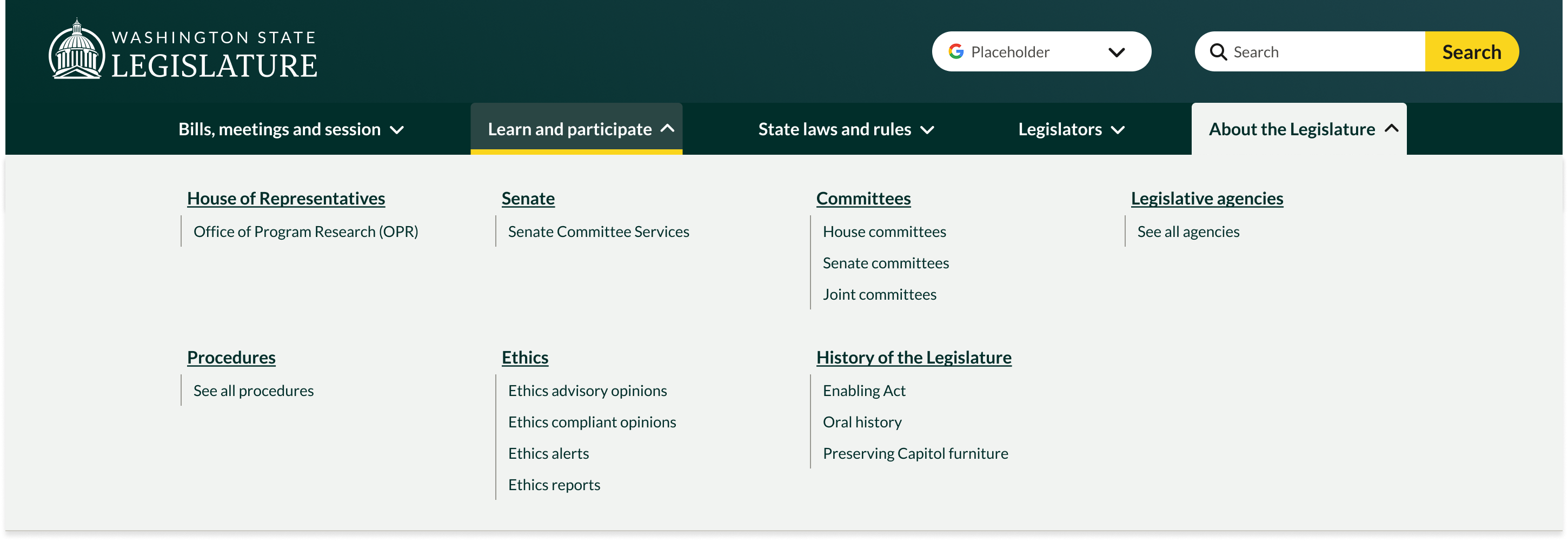 Washington State Legislature website navigation menu showing sections under Learn and participate, including House of Representatives, Senate, Committees, Legislative agencies, Procedures, Ethics, and History of the Legislature with corresponding links.