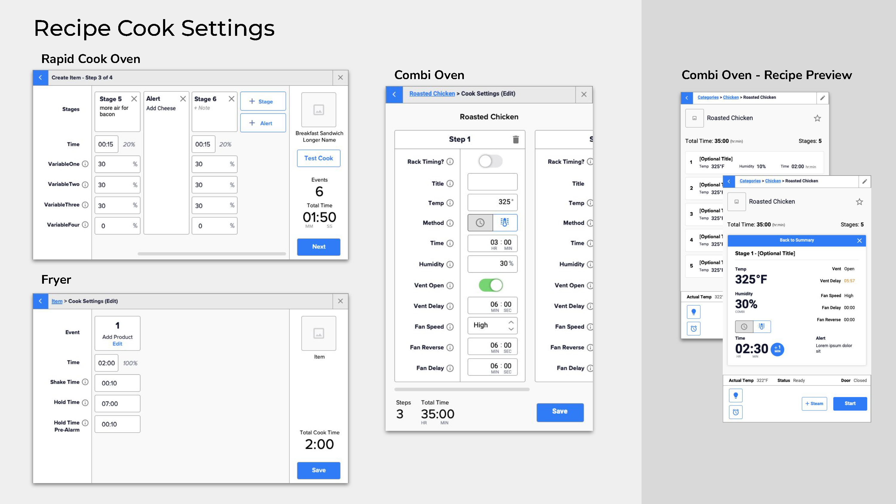 Recipe Cook Settings interface showing cook settings for Rapid Cook Oven, Fryer, and Combi Oven with adjustable stages, times, variables, and preview options.