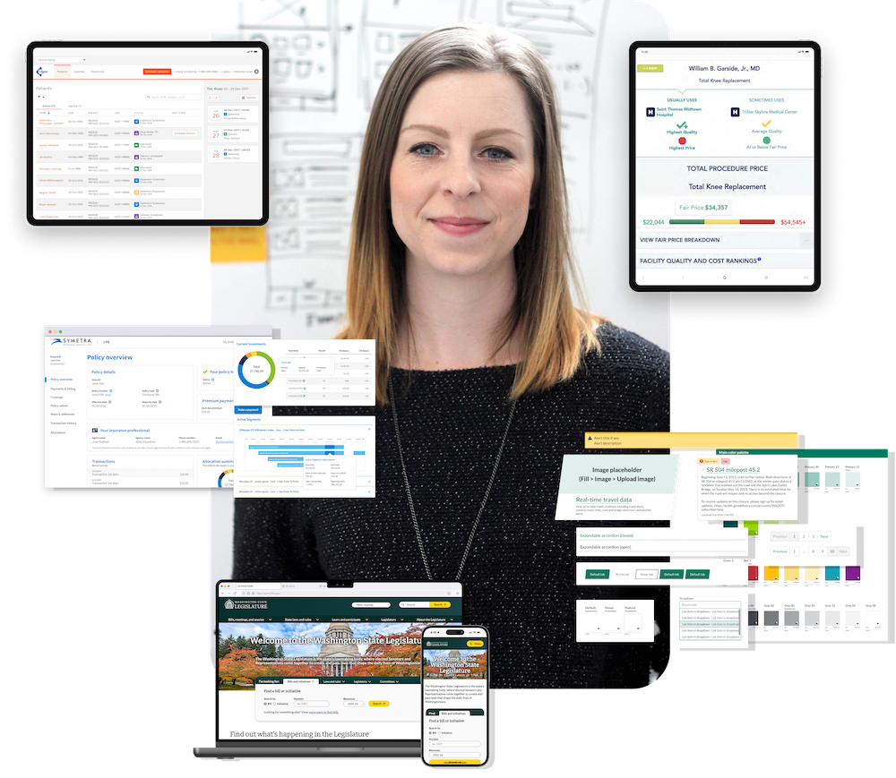 Smiling woman with shoulder-length hair surrounded by multiple transparent overlays of digital dashboards and user interface screens, including patient records, policy overview, pricing details, and legislative websites.