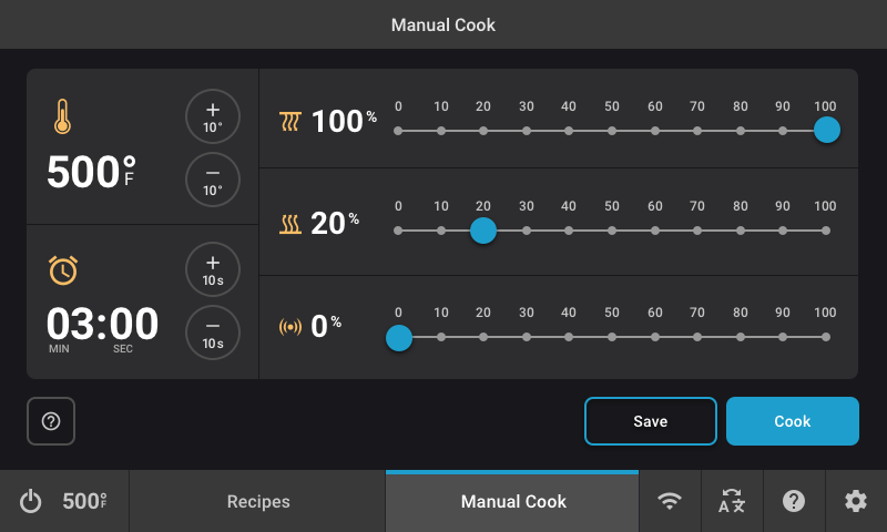 Control panel interface for manual cooking showing temperature set at 500°F, timer at 3 minutes, heat levels at 100% and 20%, fan level at 0%, with Save and Cook buttons.