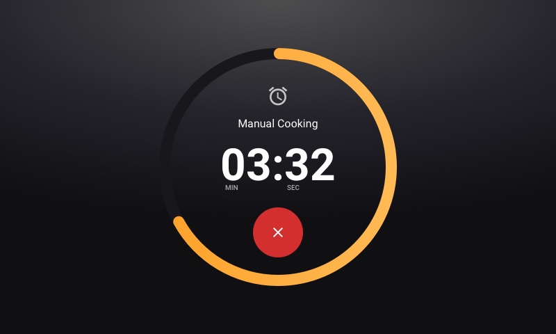 Digital timer displaying 3 minutes and 32 seconds remaining for manual cooking with a red cancel button and an orange progress ring.