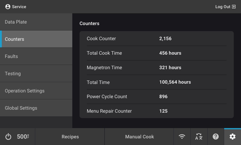 Digital service menu screen showing counters with cook count, total cook time, magnetron time, total time, power cycle count, and menu repair counter values.