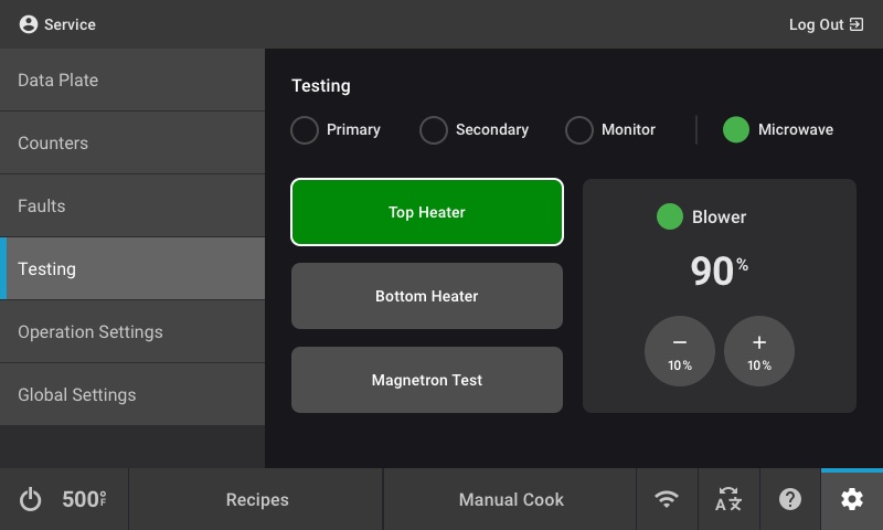 Microwave testing interface with options for Top Heater, Bottom Heater, Magnetron Test, and Blower set at 90%.