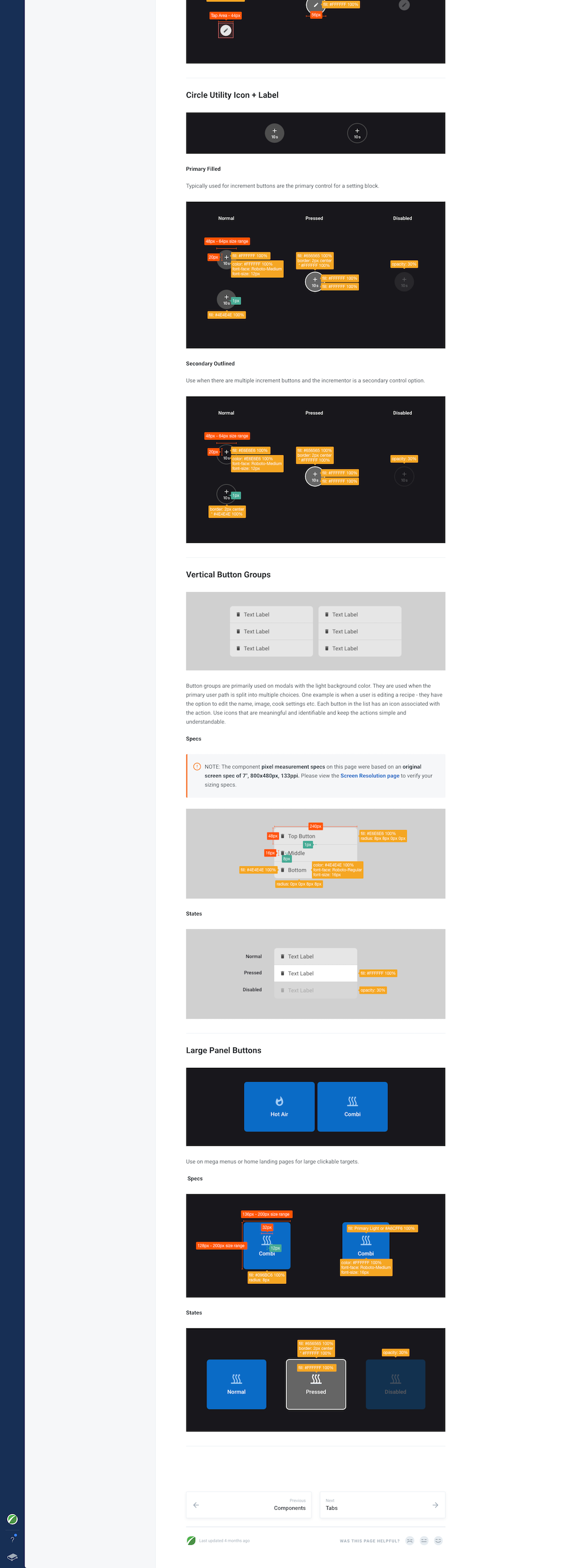 Design specifications and states for various button types including circle utility icons with labels, vertical button groups, and large panel buttons, showing normal, pressed, and disabled states with measurement annotations and usage notes.