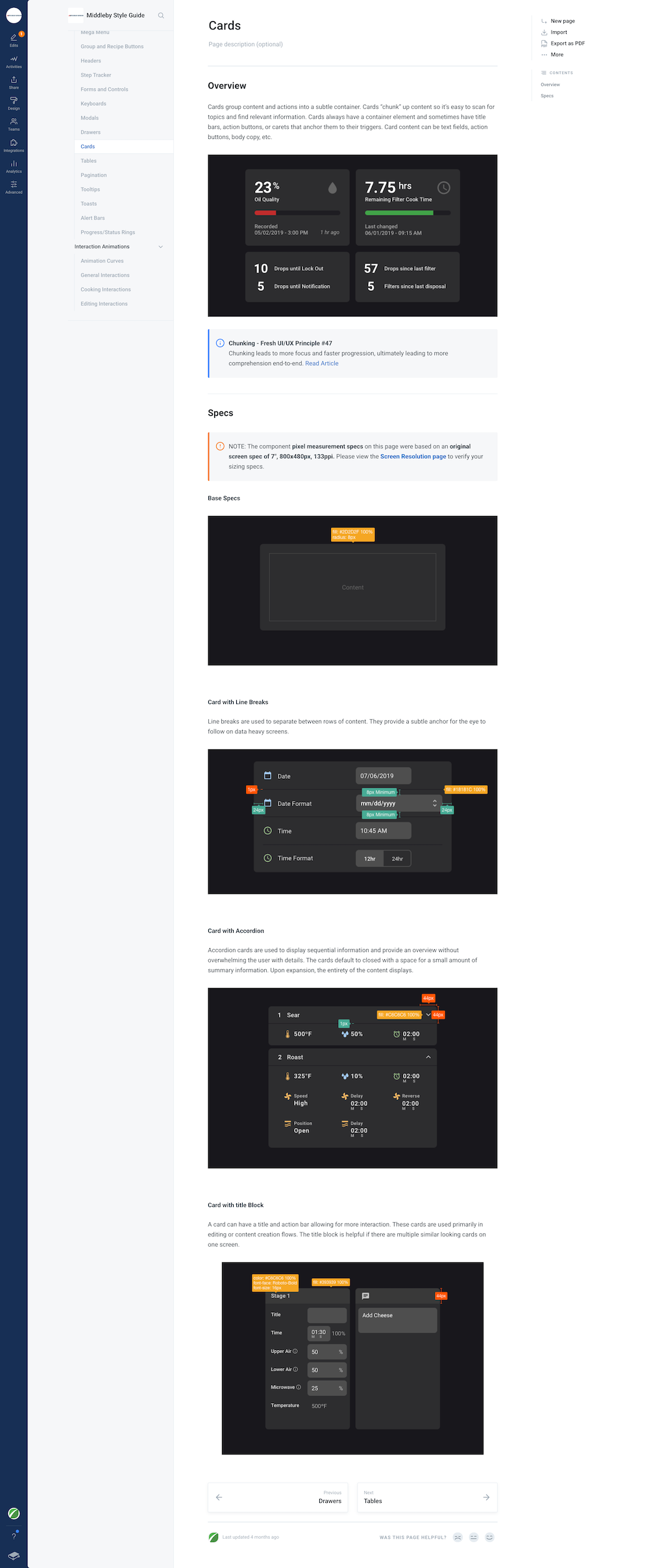 Middleby Style Guide webpage showing documentation on card UI components with examples of cards displaying oil quality, filter cook time, specs, line breaks, accordion, and title block styles.