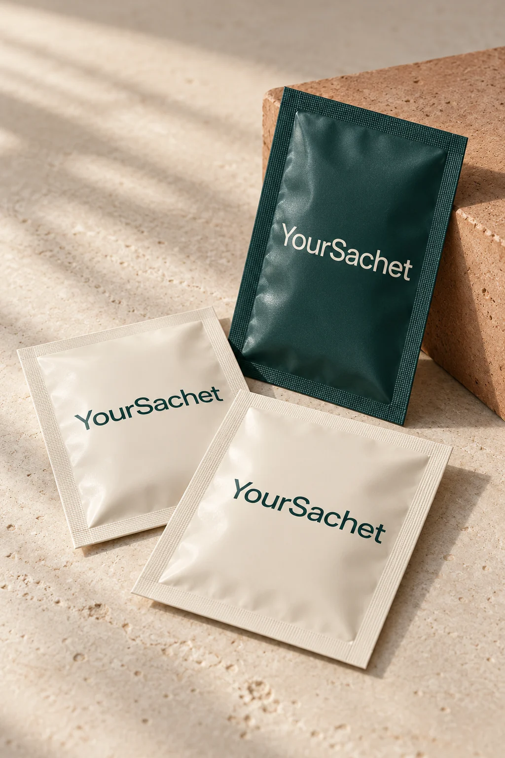 Ivory and teal concept cosmetic sampling sachets