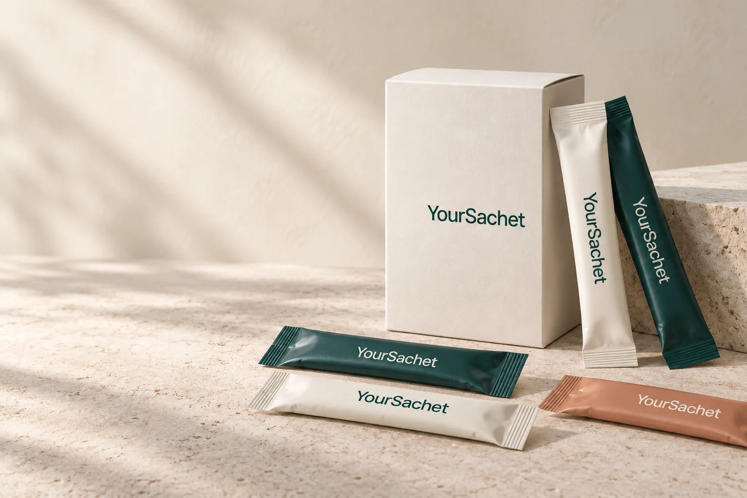 YourSachet concept cartons and stick packs on warm stone