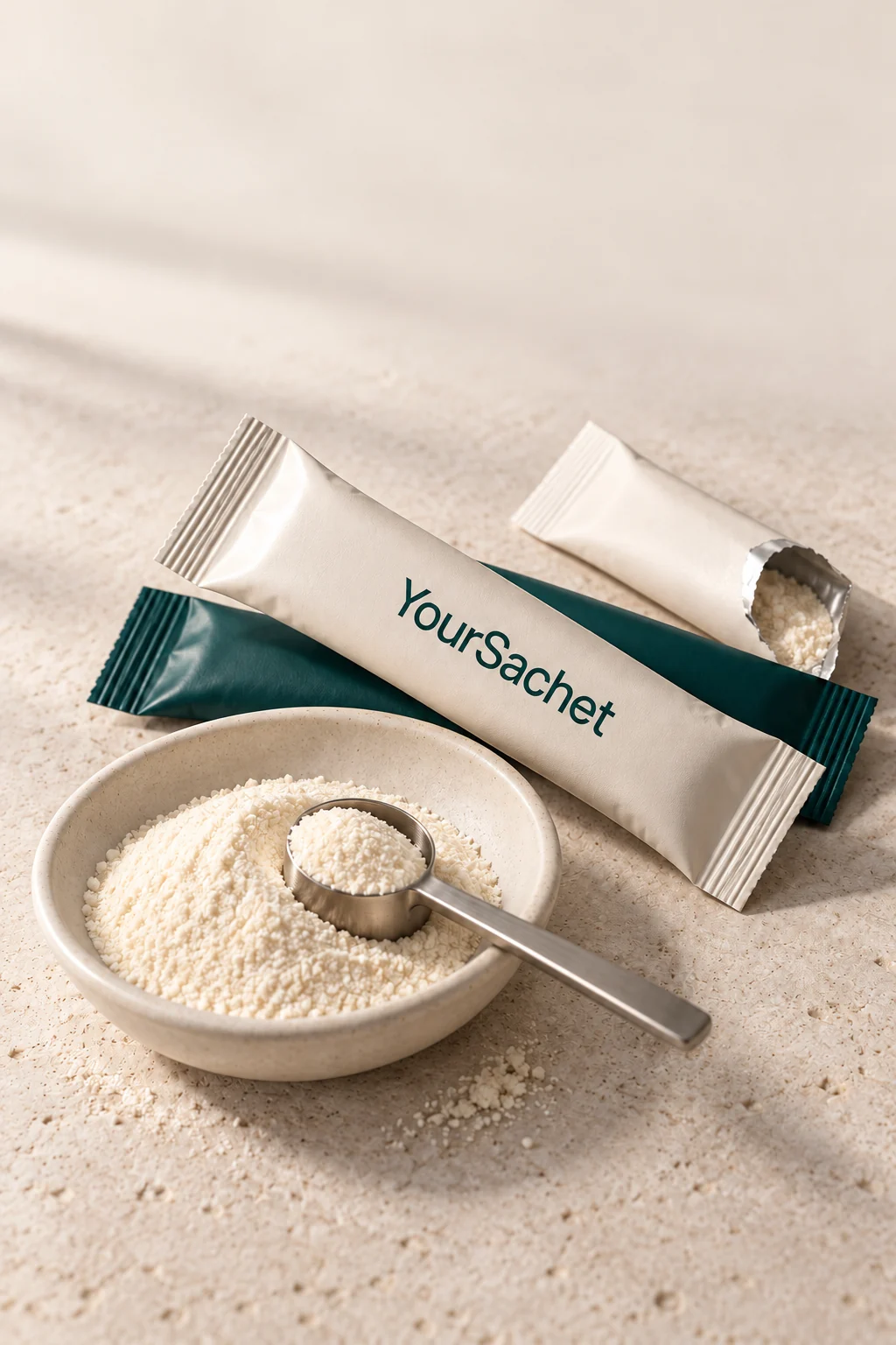 Concept powder sachets with a scoop on warm stone