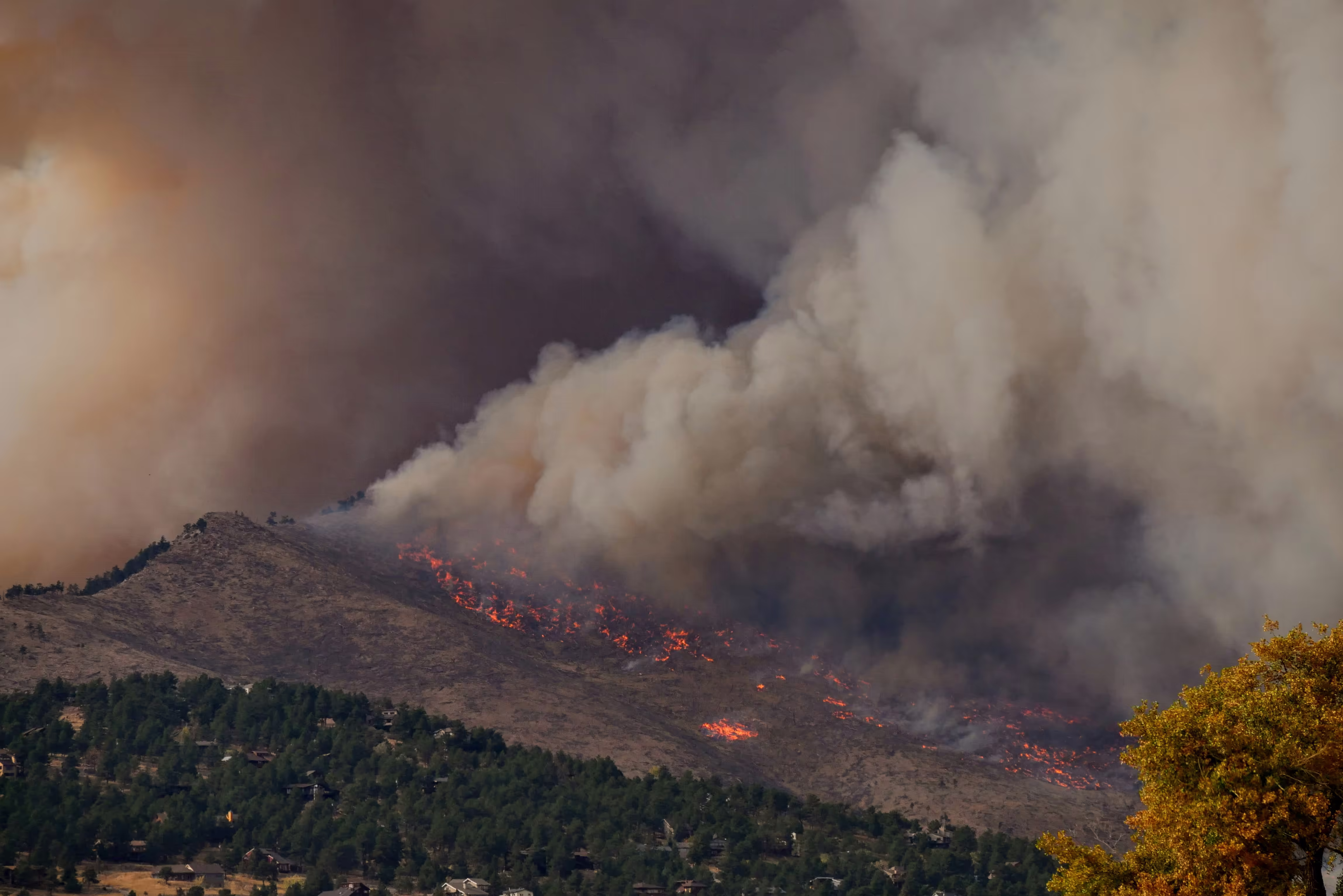 Vast forest area on fire with the sky full of smoke