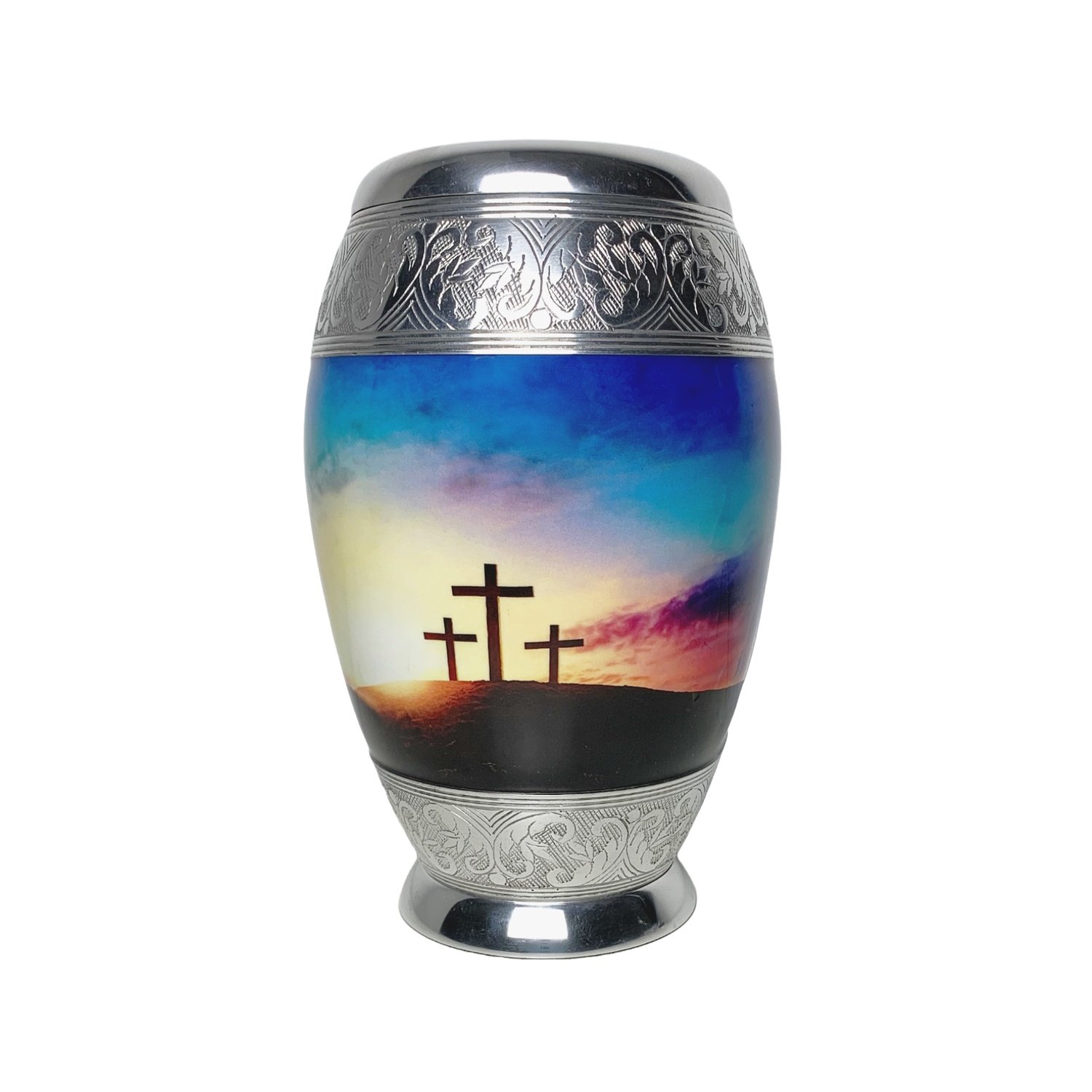 Three Crosses cremation urn – faith-centered design featuring luminous crosses symbolizing grace and eternal hope.