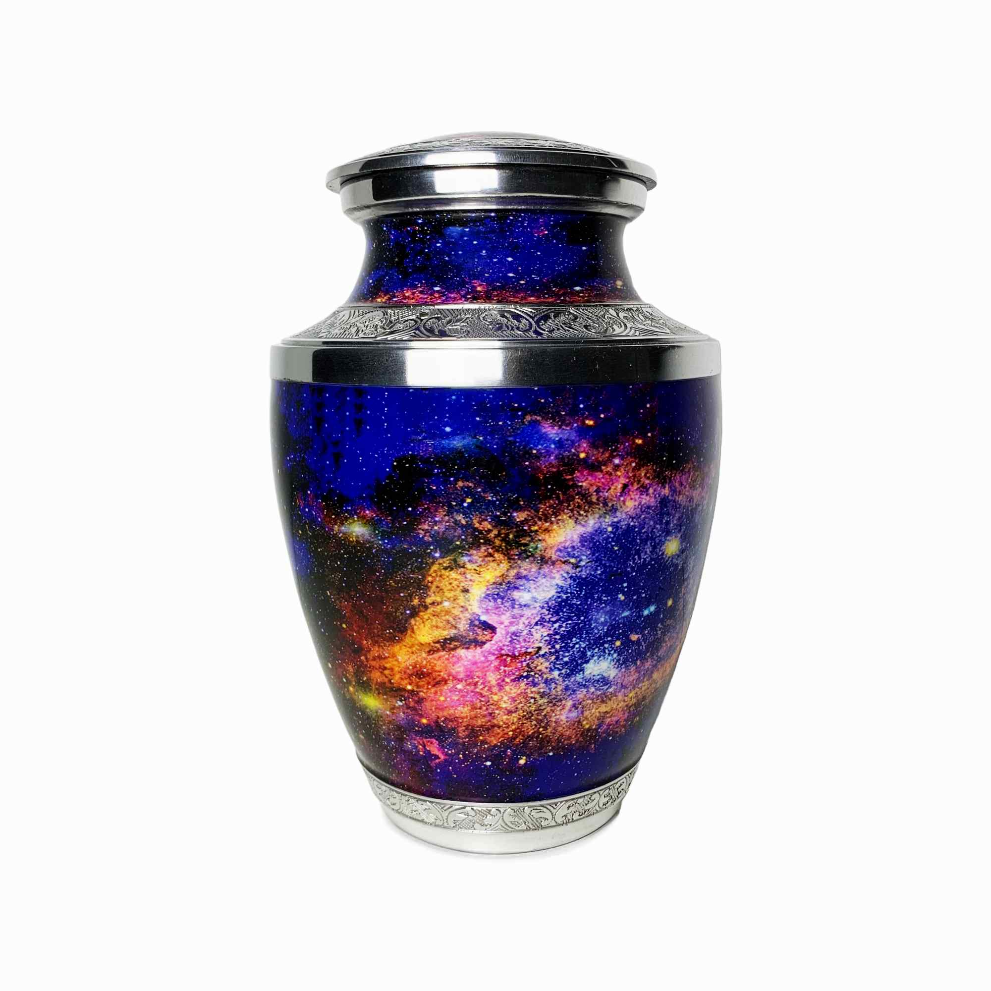 Helix Nebula cremation urn – deep space design featuring swirling patterns of violet, blue, and gold inspired by the eye of the universe.