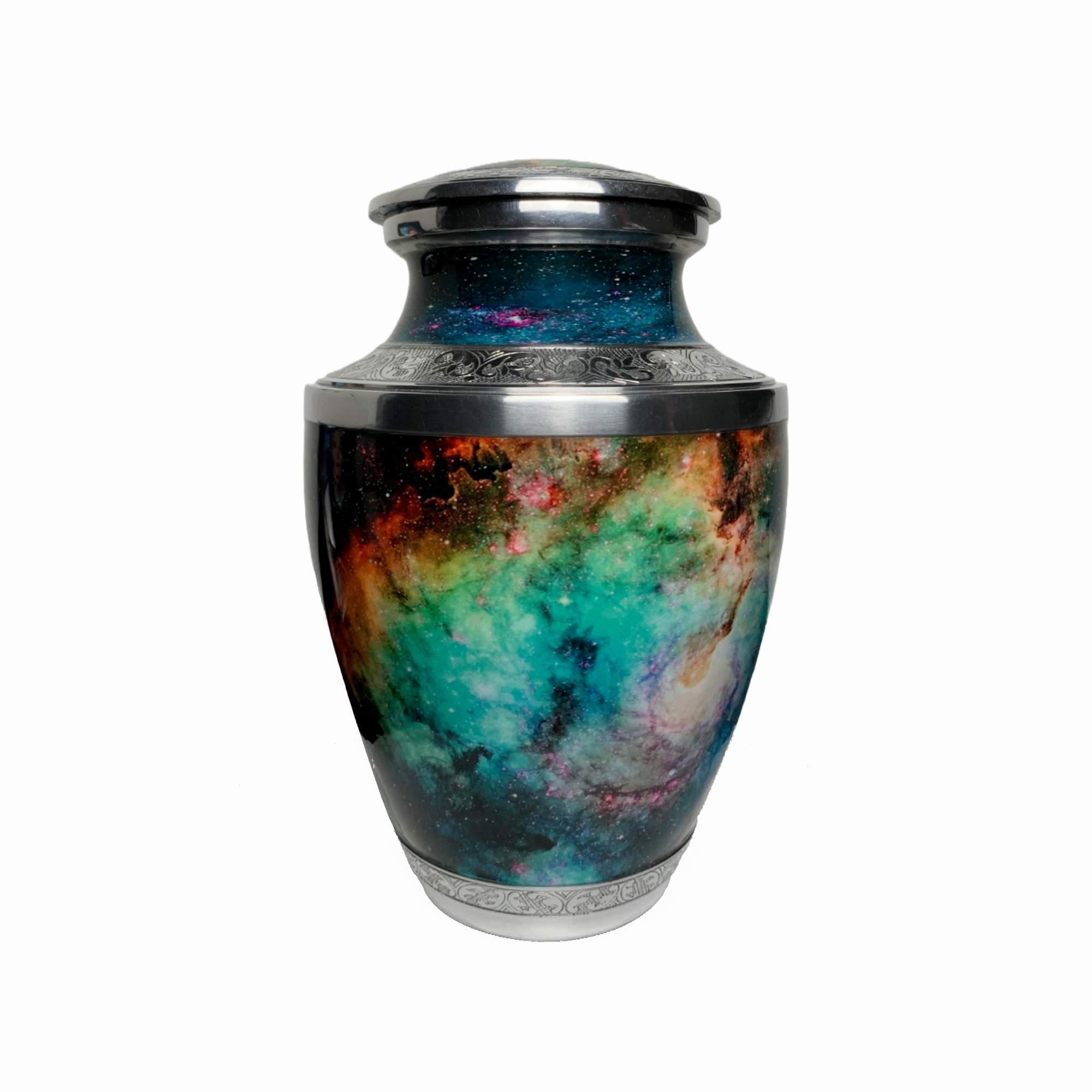 Starburst Galaxy cremation urn – radiant cosmic design celebrating light, color, and enduring brilliance.
