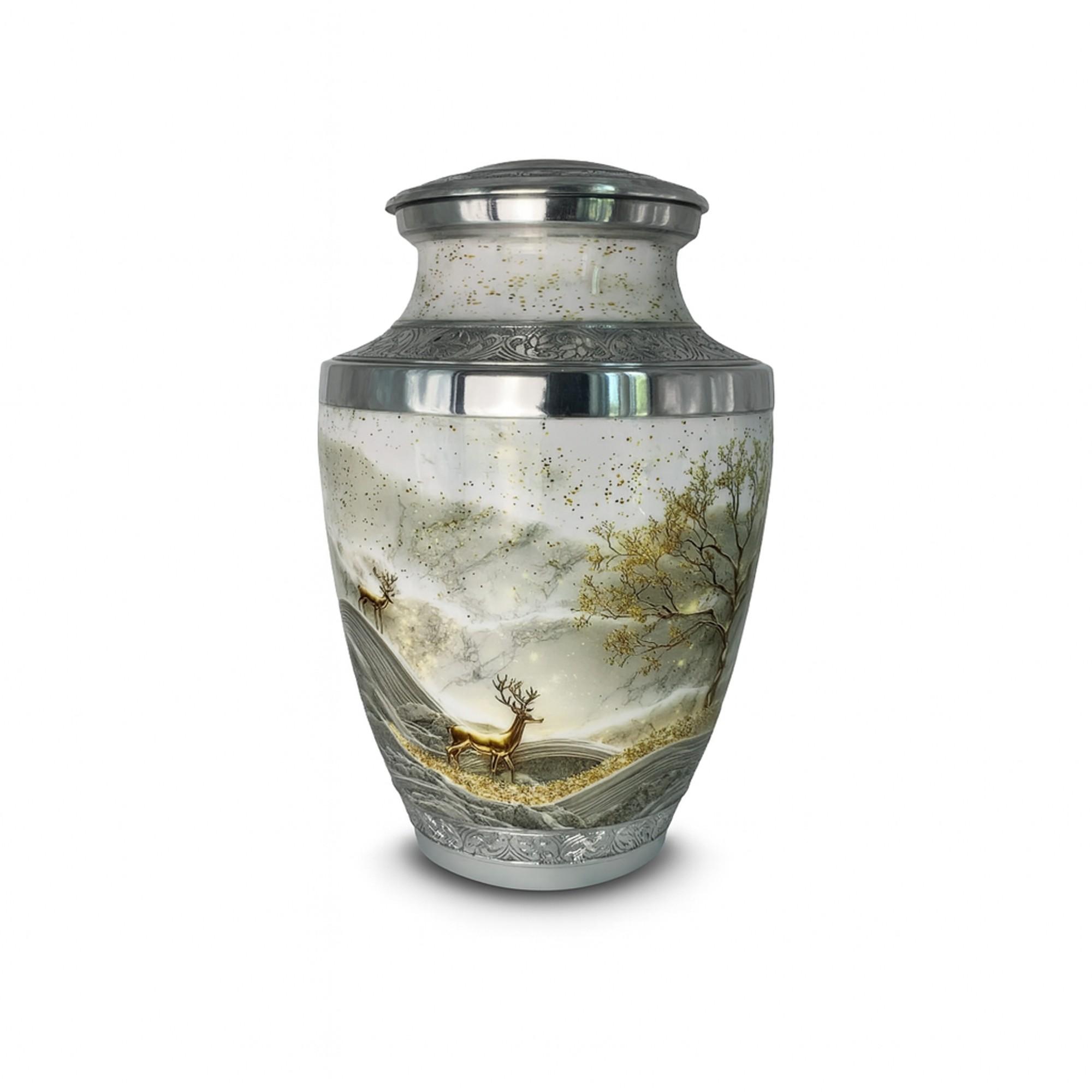 DreamGrove cremation urn – nature-inspired green and gold design representing renewal and everlasting connection.